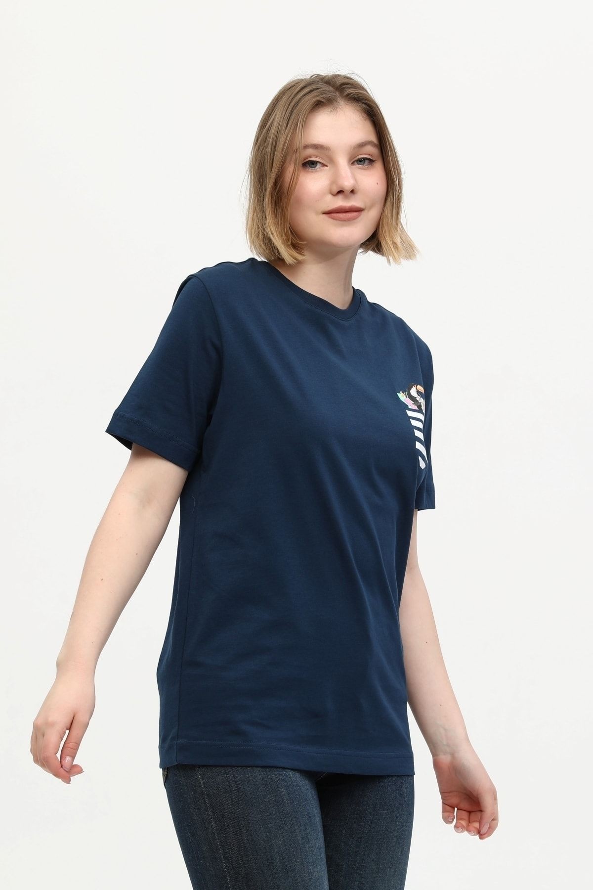 Kadın Lacivert %100 Pamuk Baskılı Oversize Dik Yaka Örme T-shirt