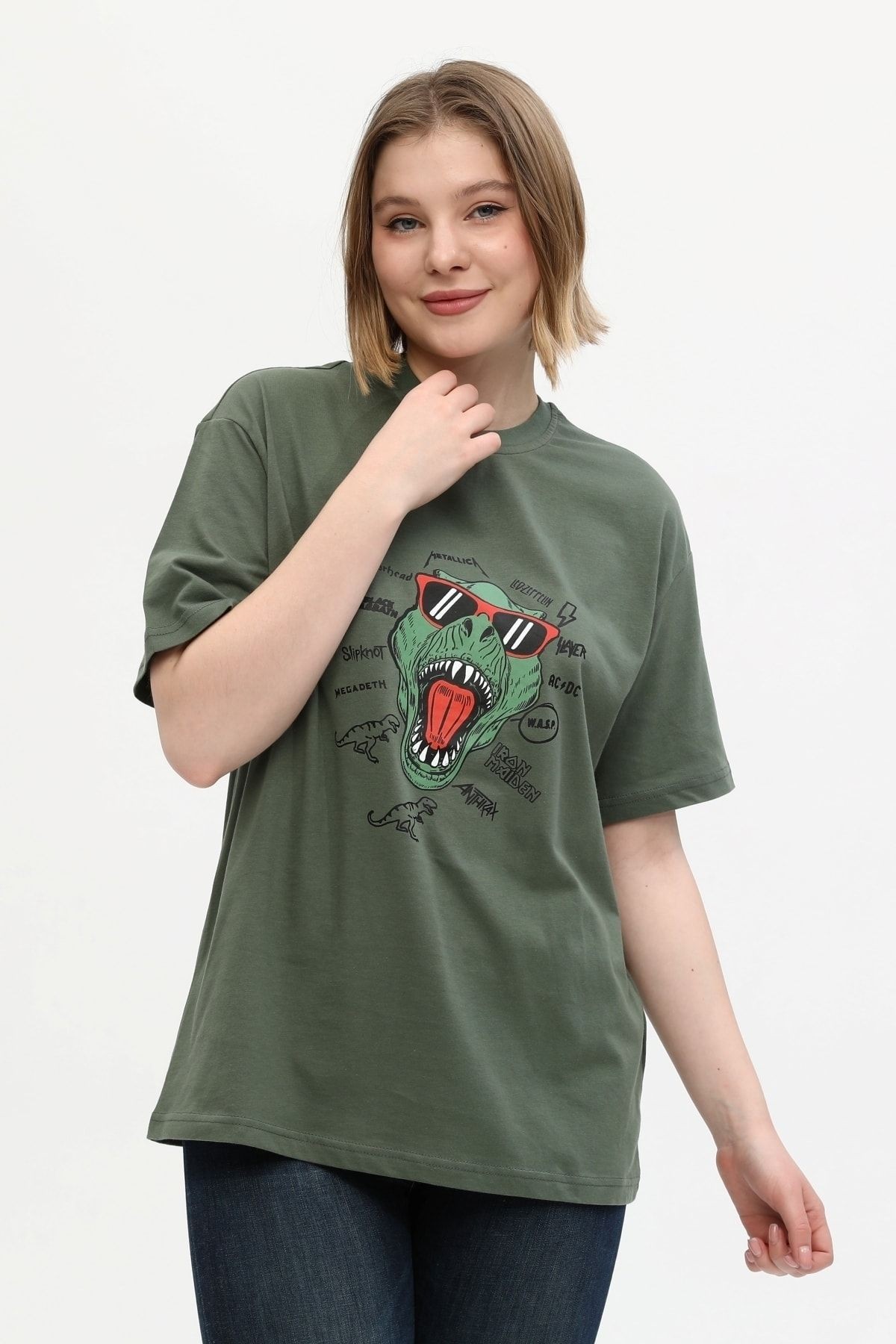 Unisex Haki %100 Pamuk Baskılı Oversize Dik Yaka Örme T-shirt