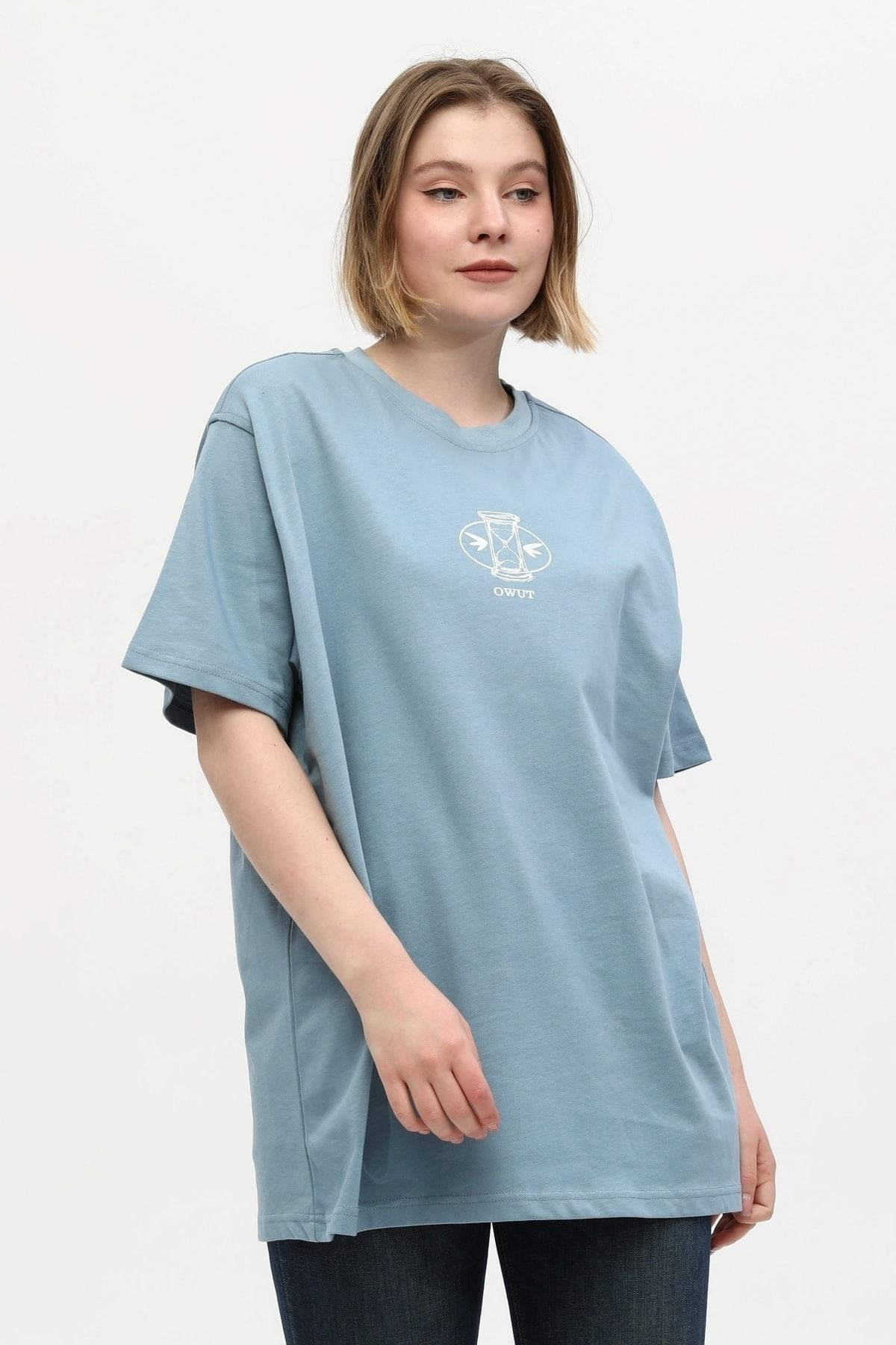 Unisex Turkuaz %100 Pamuk Baskılı Oversize Dik Yaka Örme T-shirt