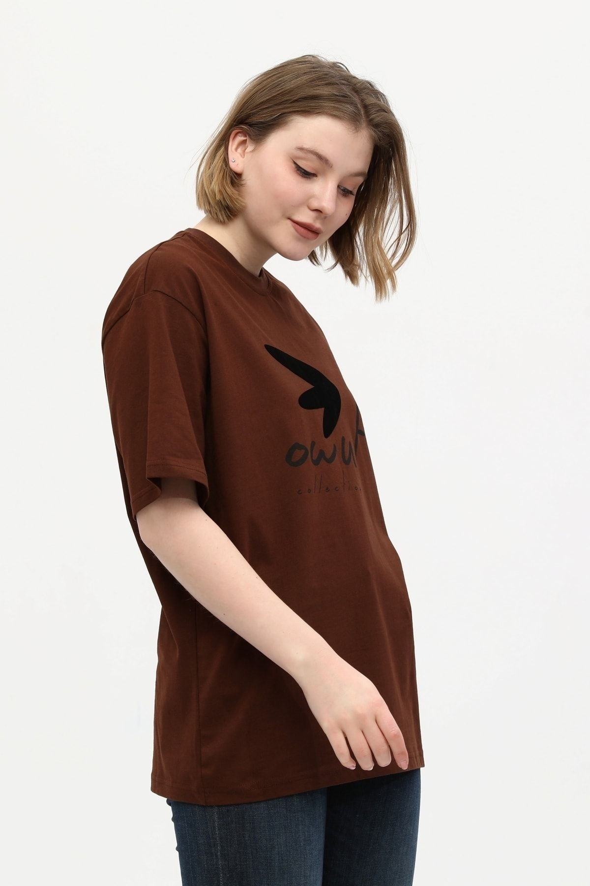 Unisex Kahverengi %100 Pamuk Baskılı Oversize Dik Yaka Örme T-shirt