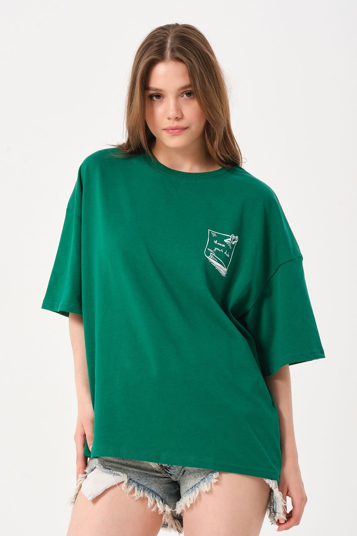 Unisex Açık Yeşil Bisiklet Yaka Baskılı Oversize T-shirt