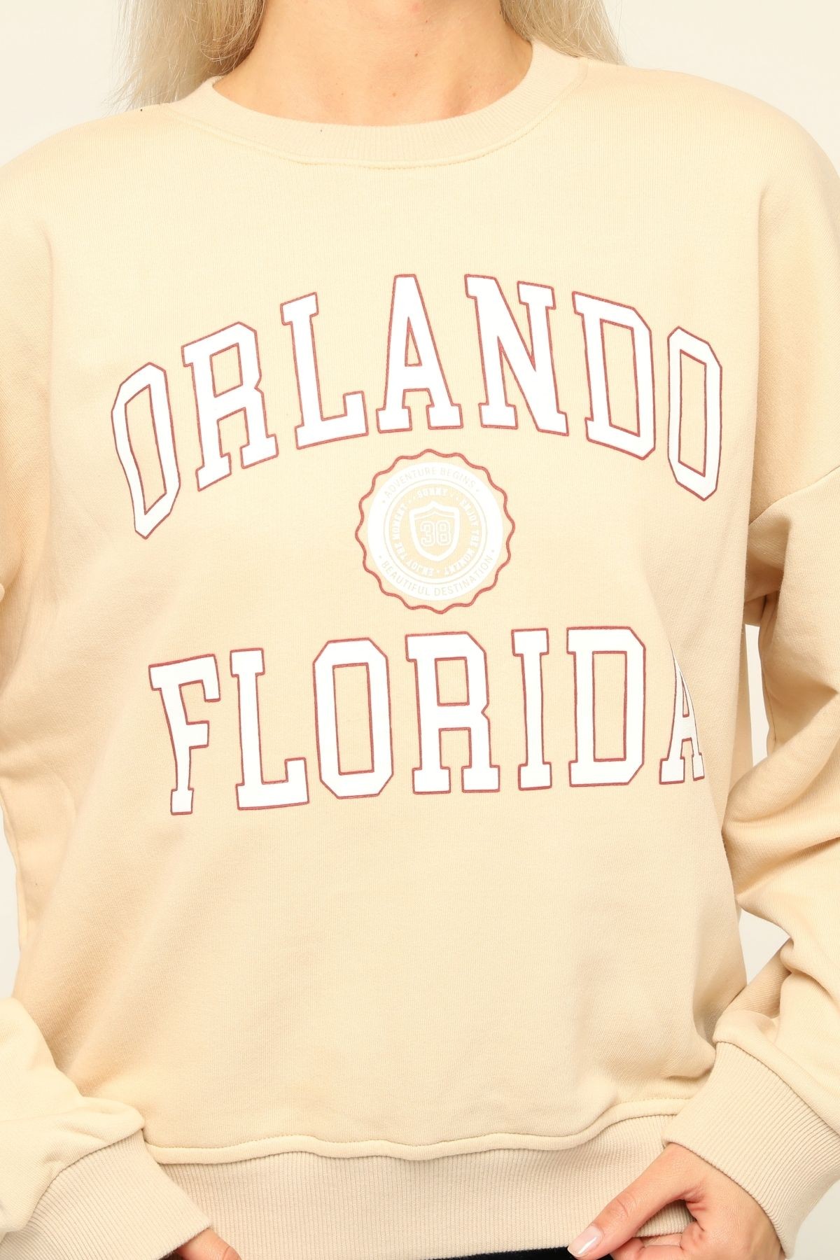 Kadın Bej Orlando Florida Baskılı Bisiklet Yaka Sweatshirt