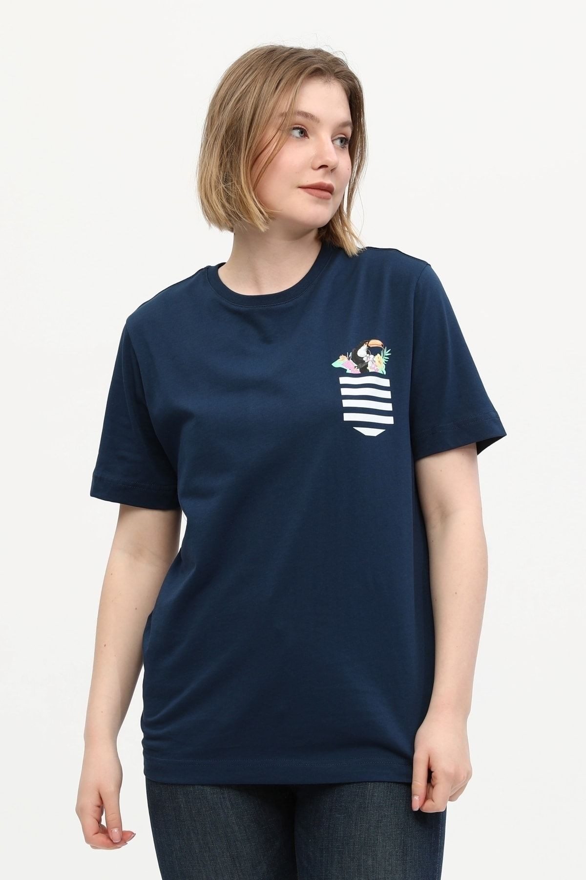 Kadın Lacivert %100 Pamuk Baskılı Oversize Dik Yaka Örme T-shirt