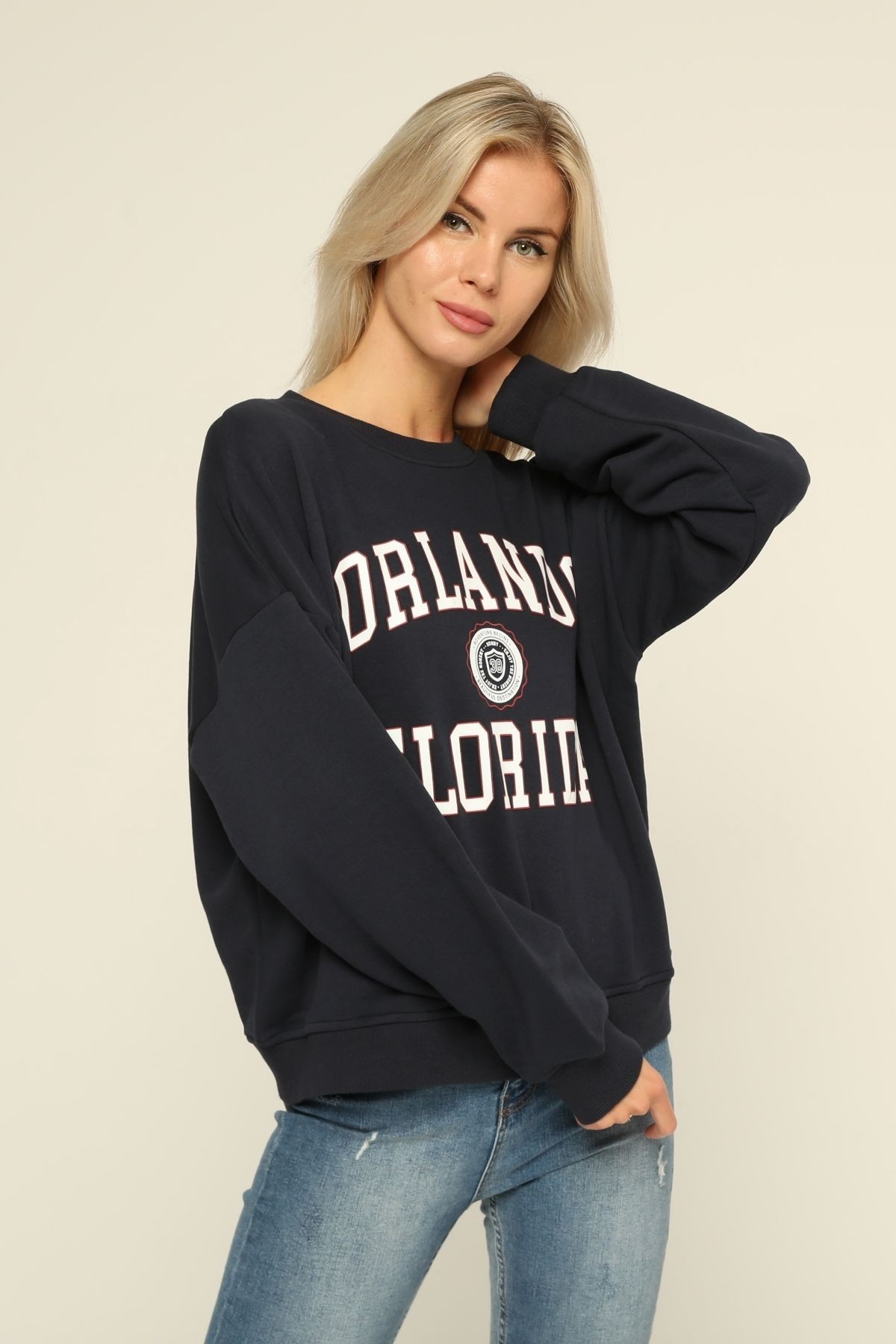 Kadın Lacivert Orlando Floriada Baskılı Bisiklet Yaka Sweatshirt