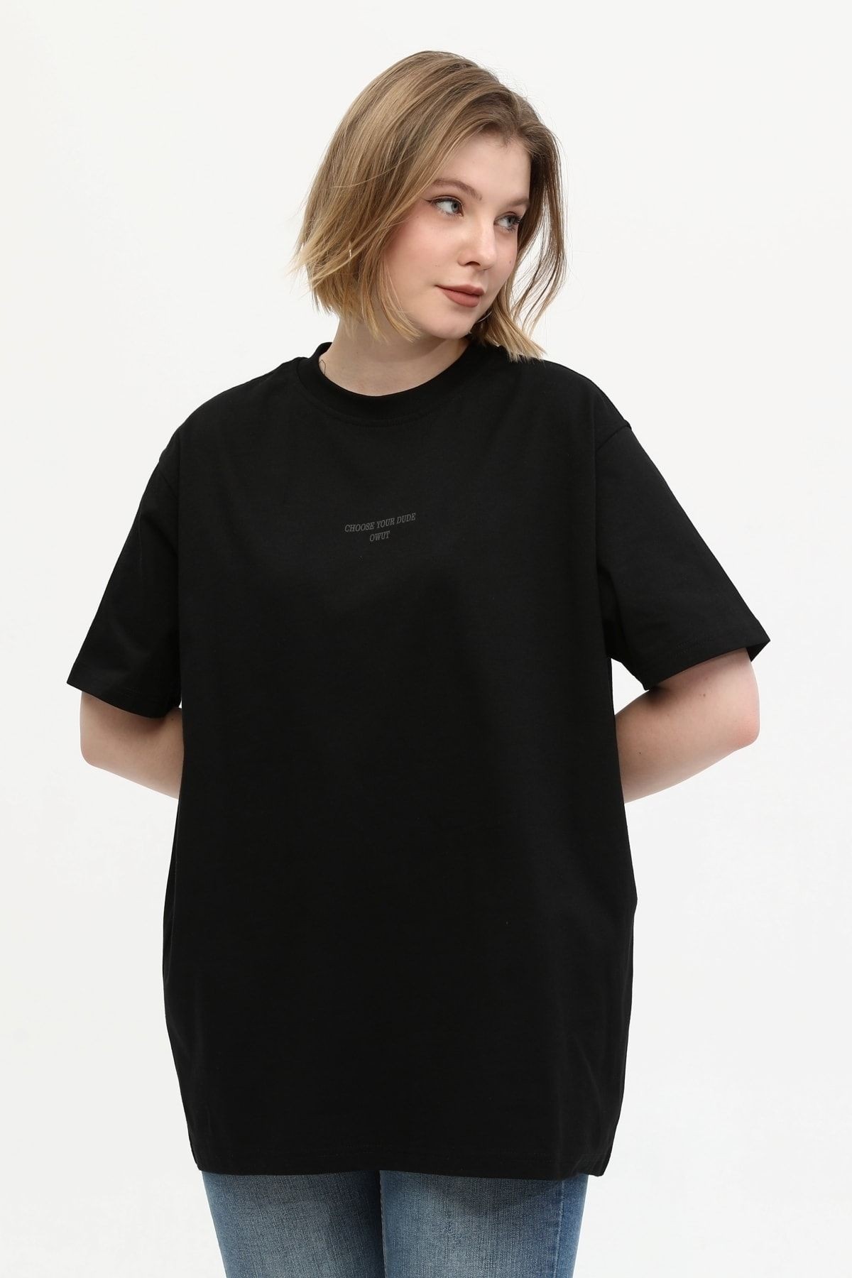 %100 Pamuk Bisiklet Yaka Baskılı Oversize Örme T-shirt