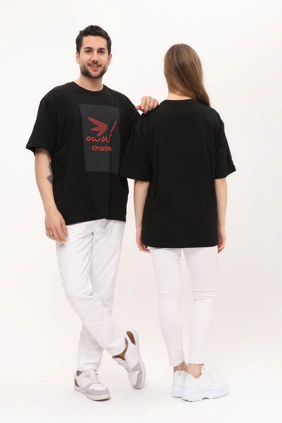 Owut Baskı Detaylı Unisex Siyah T-shirt