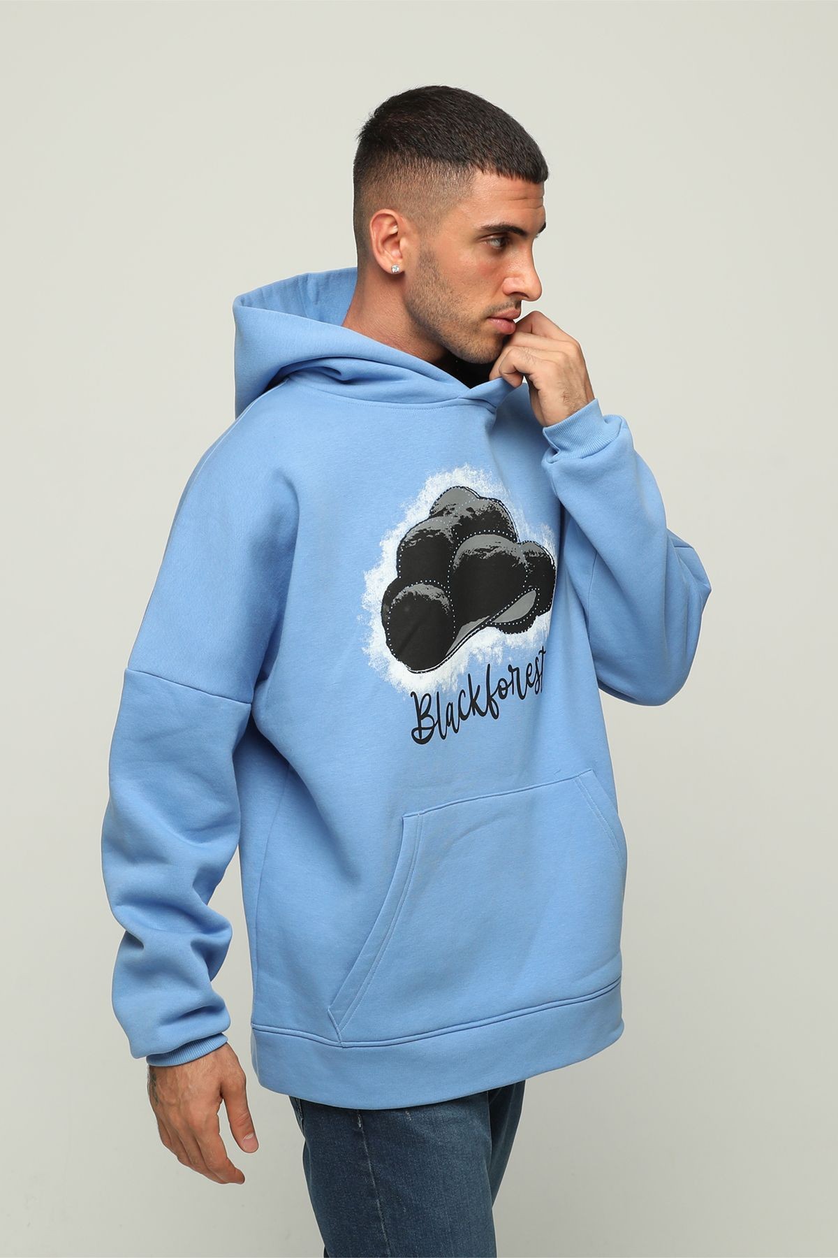 Oversize Fit Kapüşonlu Kanguru Cepli Içi Yumuşak Tüylü Baskılı Sweatshirt