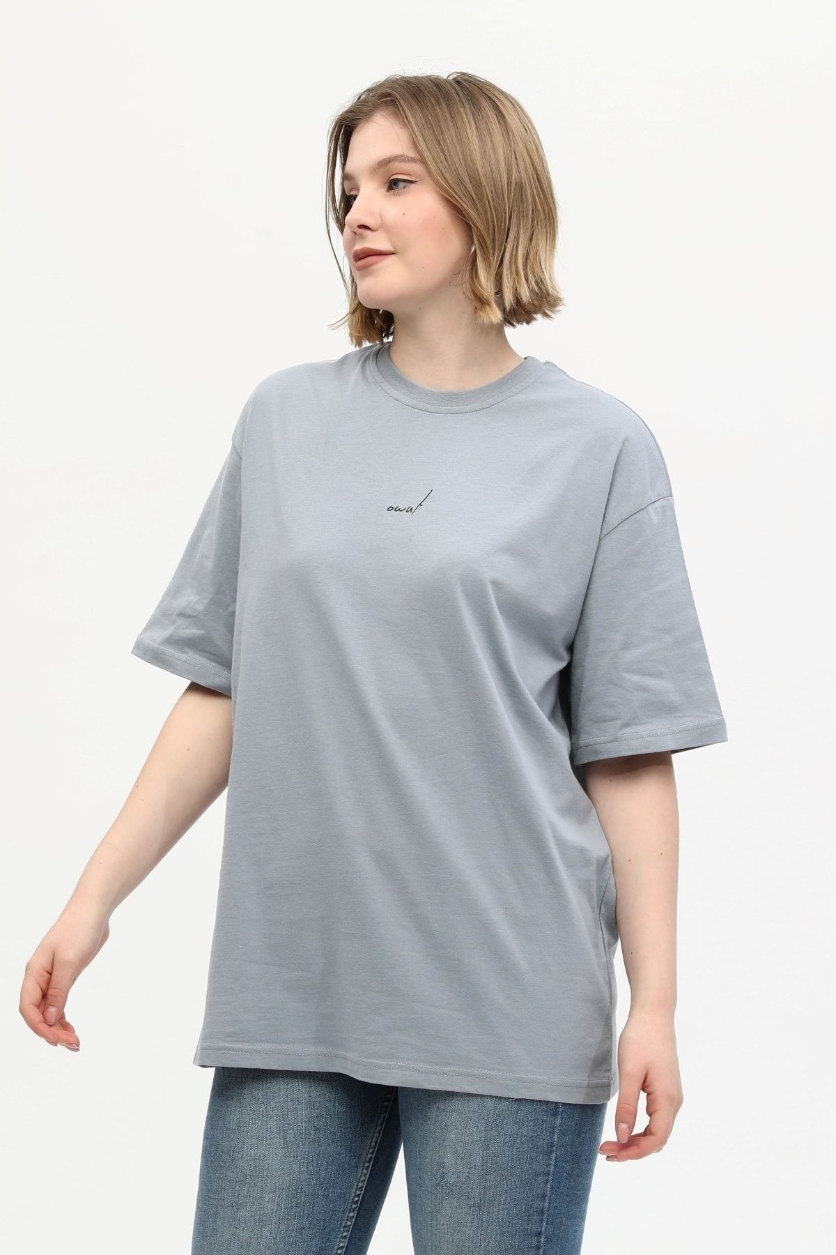 %100 Pamuk Bisiklet Yaka Baskılı Oversize Örme T-shirt