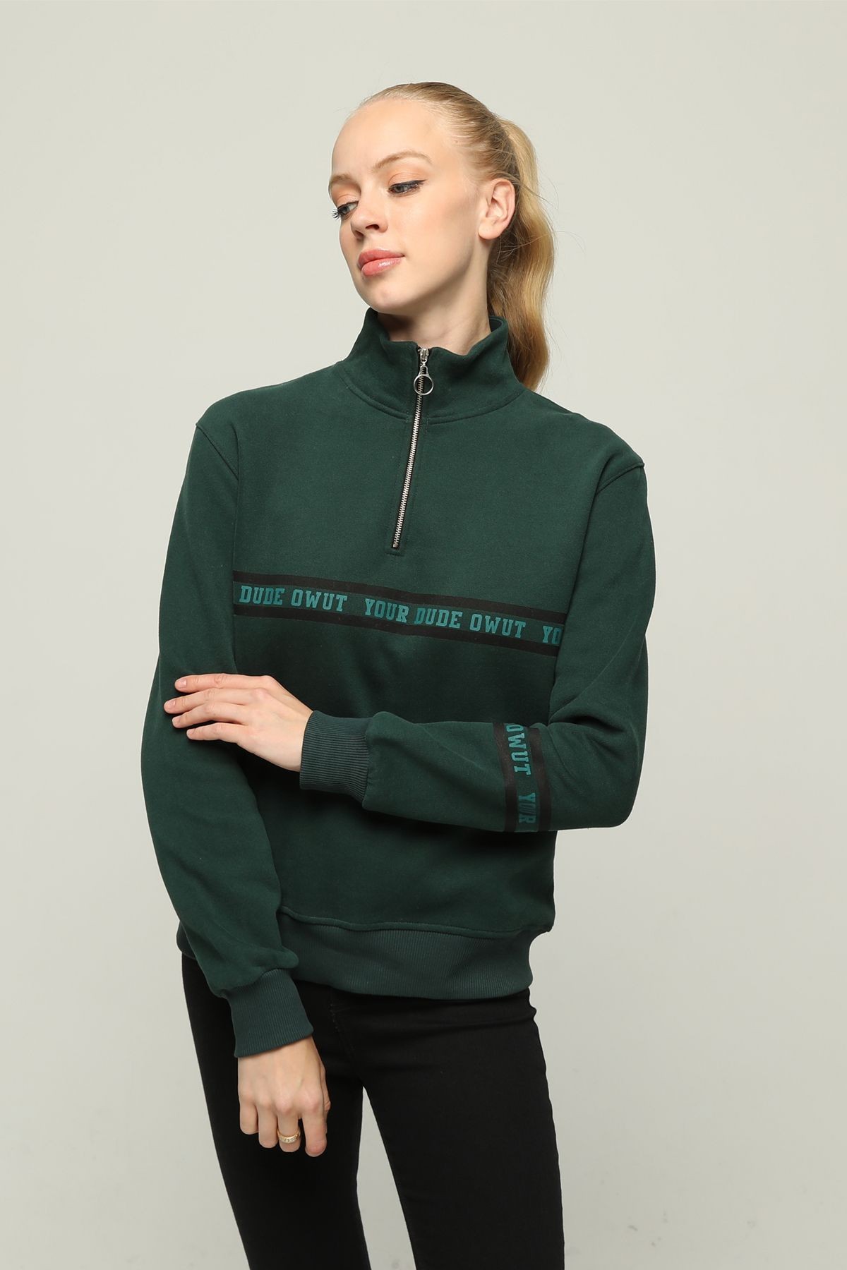 Kadın Fermuarlı Yaka Regular/Normal Kalıp Örme Sweatshirt