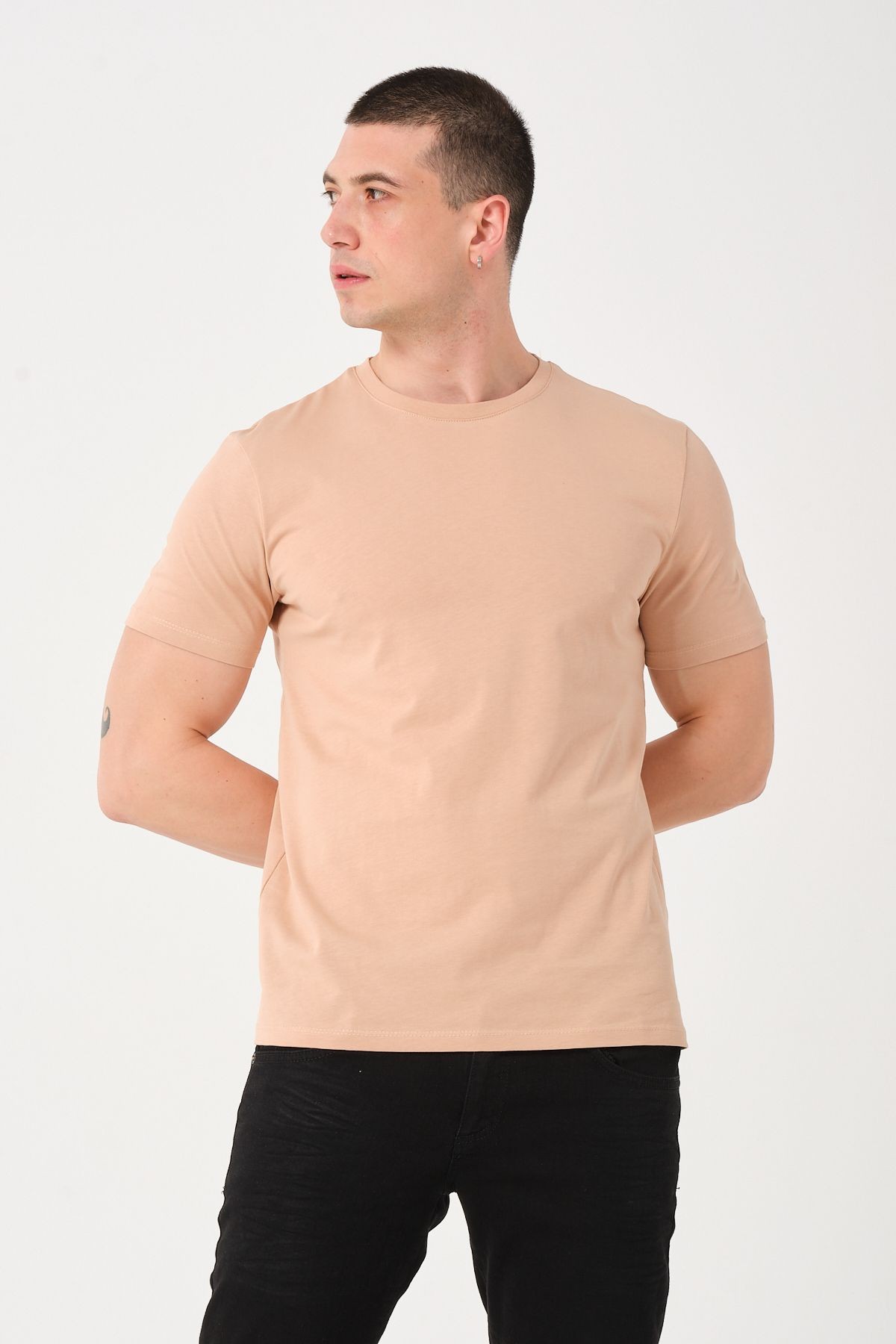 Erkek Bej Bisiklet Yaka Slim Fit T-shirt