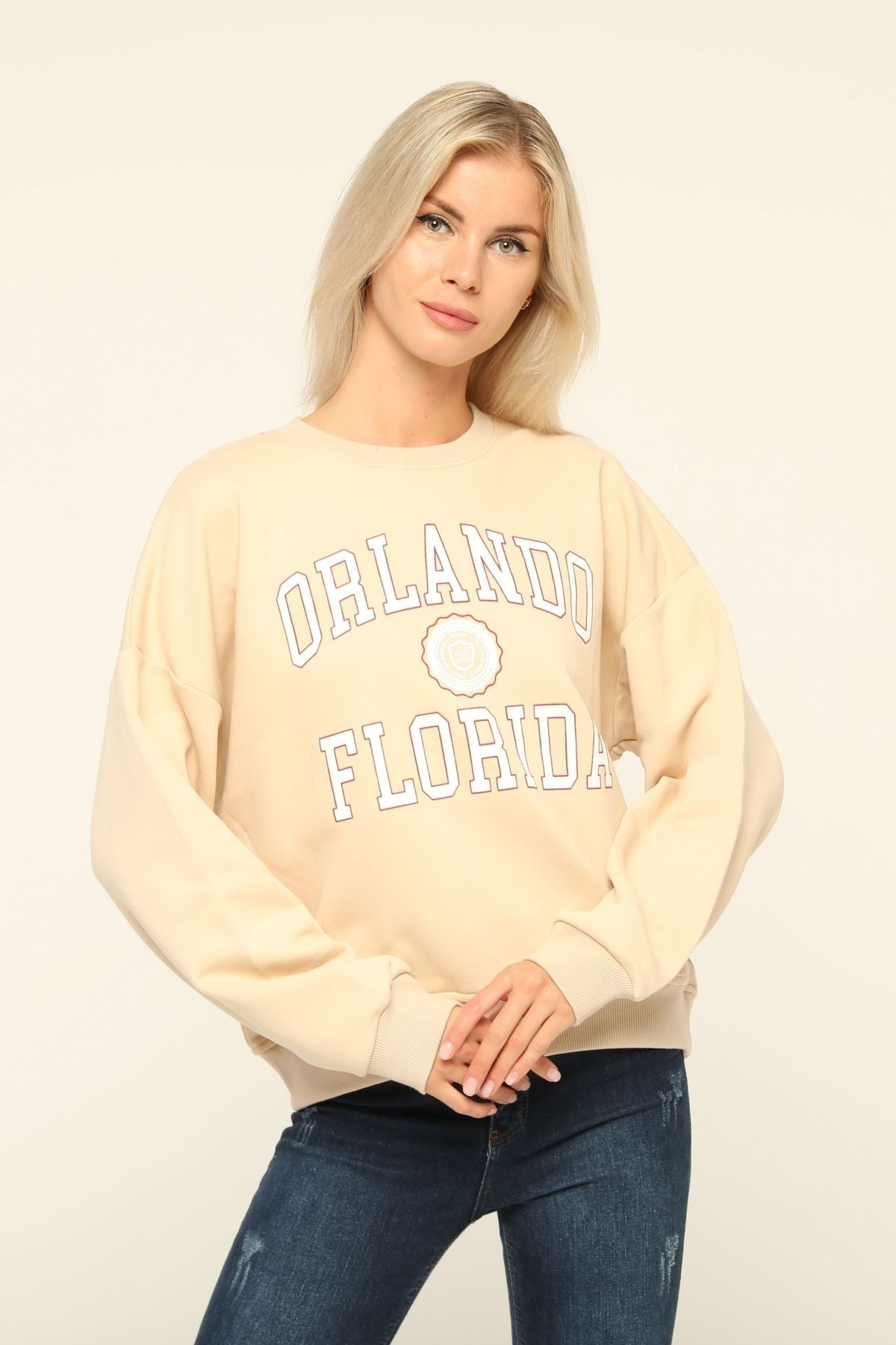 Kadın Bej Orlando Florida Baskılı Bisiklet Yaka Sweatshirt