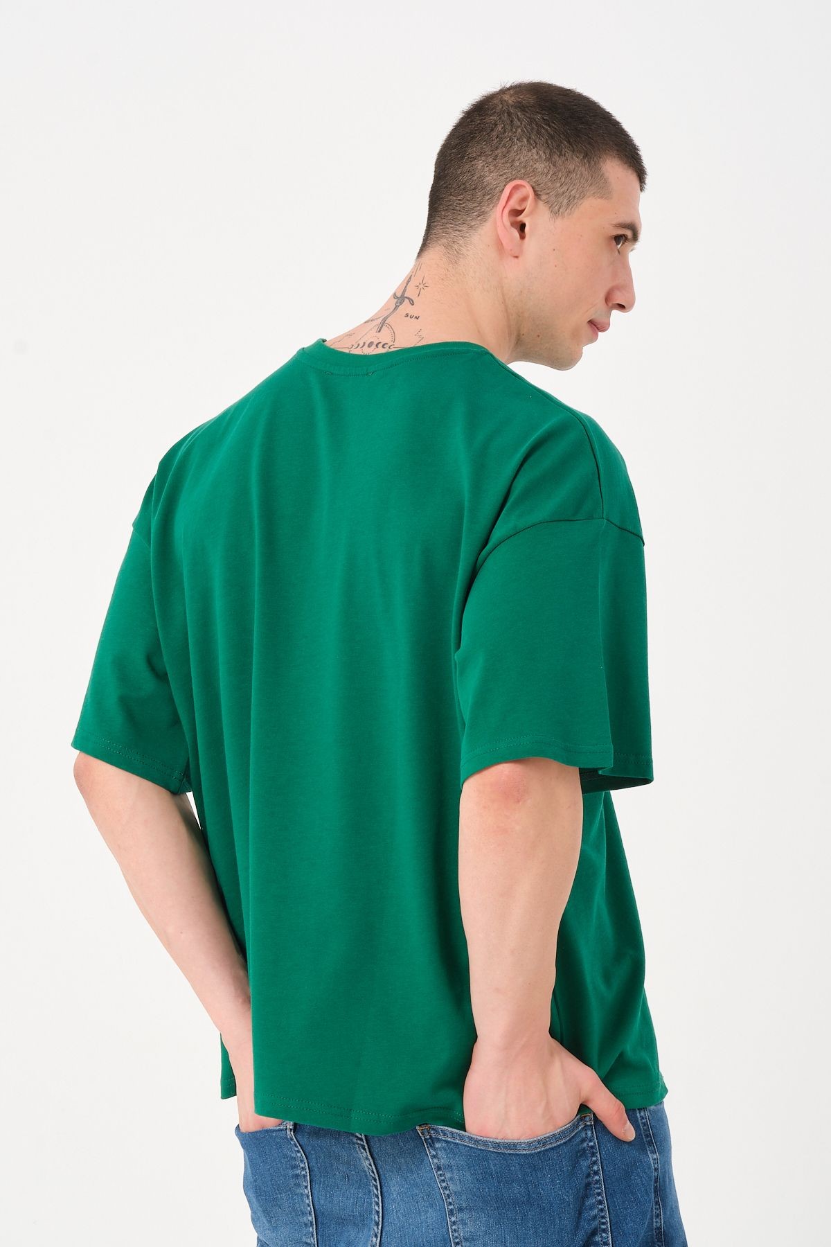 Erkek Açık Yeşil Bisiklet Yaka Baskı Detaylı Oversize T-shirt