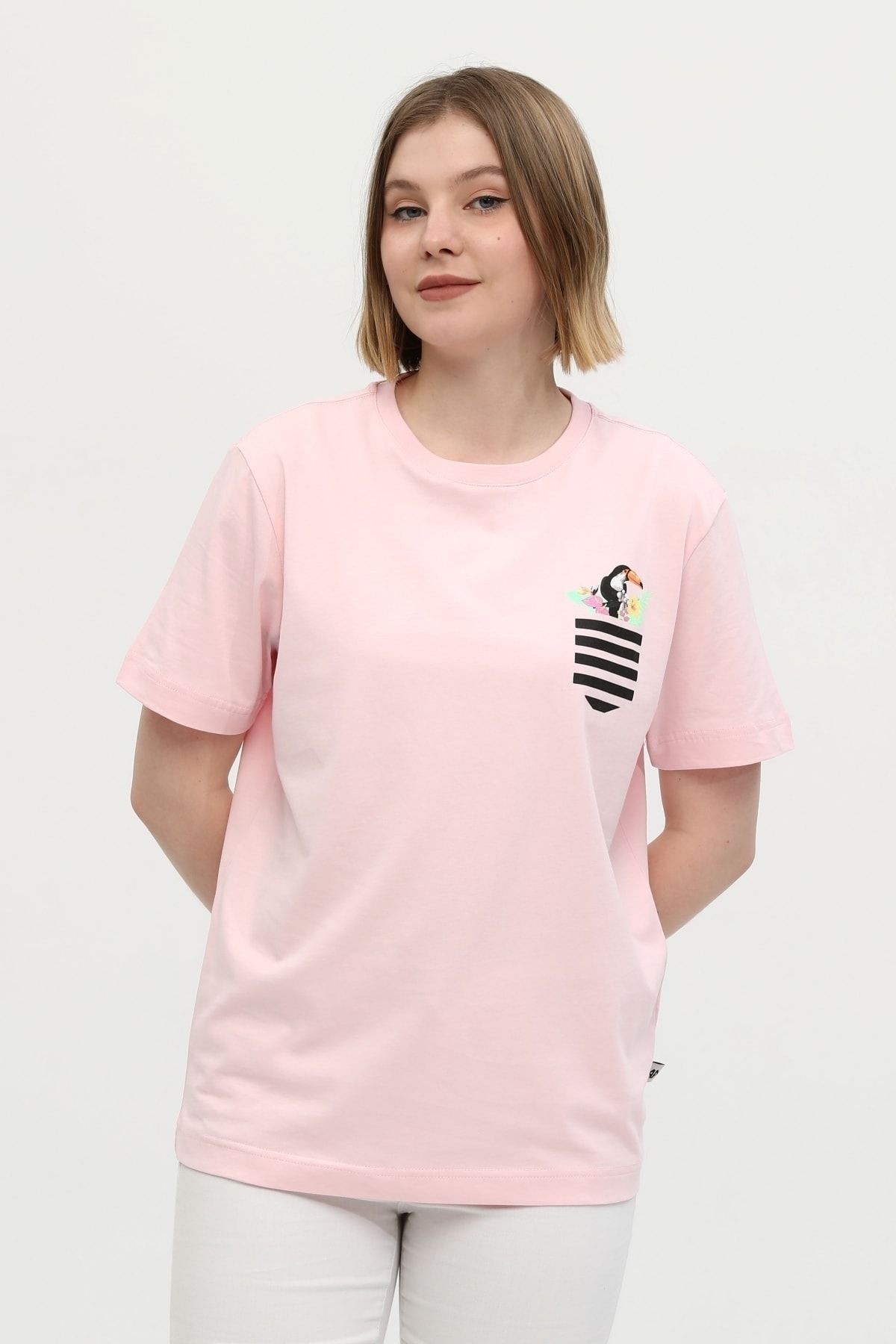 Pembe %100 Pamuk Bisiklet Yaka Baskılı Oversize Örme T-shirt