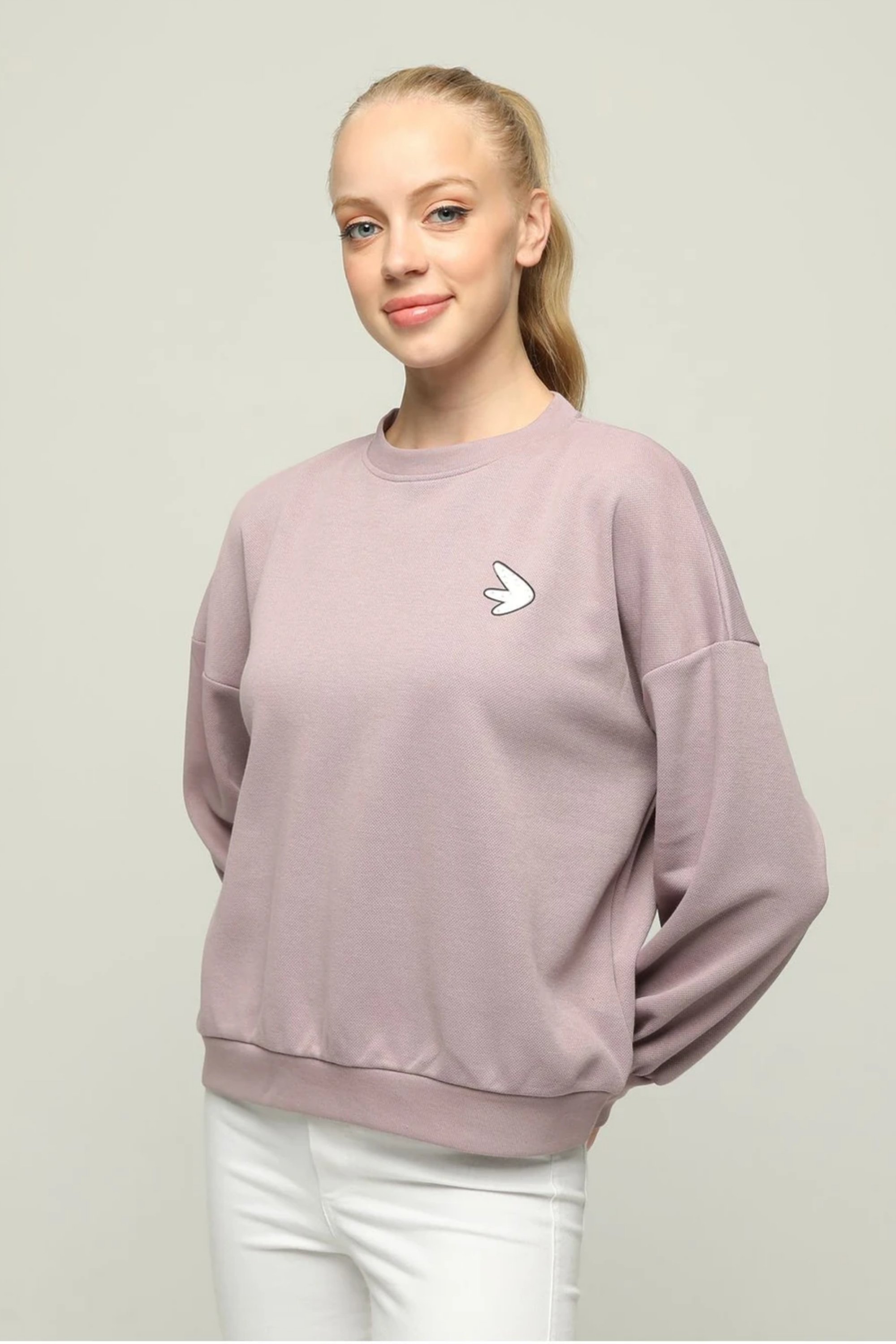 Kadın Bisiklet Yaka Uzun Kol Oversize Özel Kumaş Sweatshirt