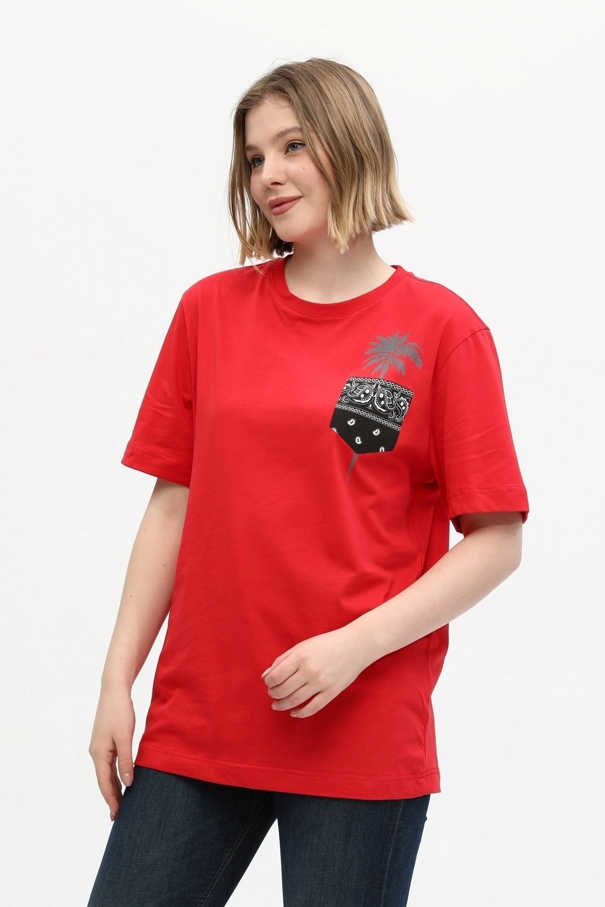 Kırmızı %100 Pamuk Palmiye Cep Detaylı Baskılı Basic Bisiklet Yaka Örme T-Shirt