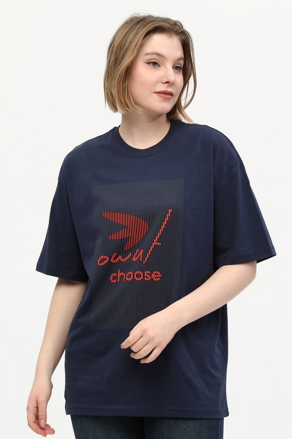 Unisex Lacivert %100 Pamuk Baskılı Oversize Dik Yaka Örme T-shirt