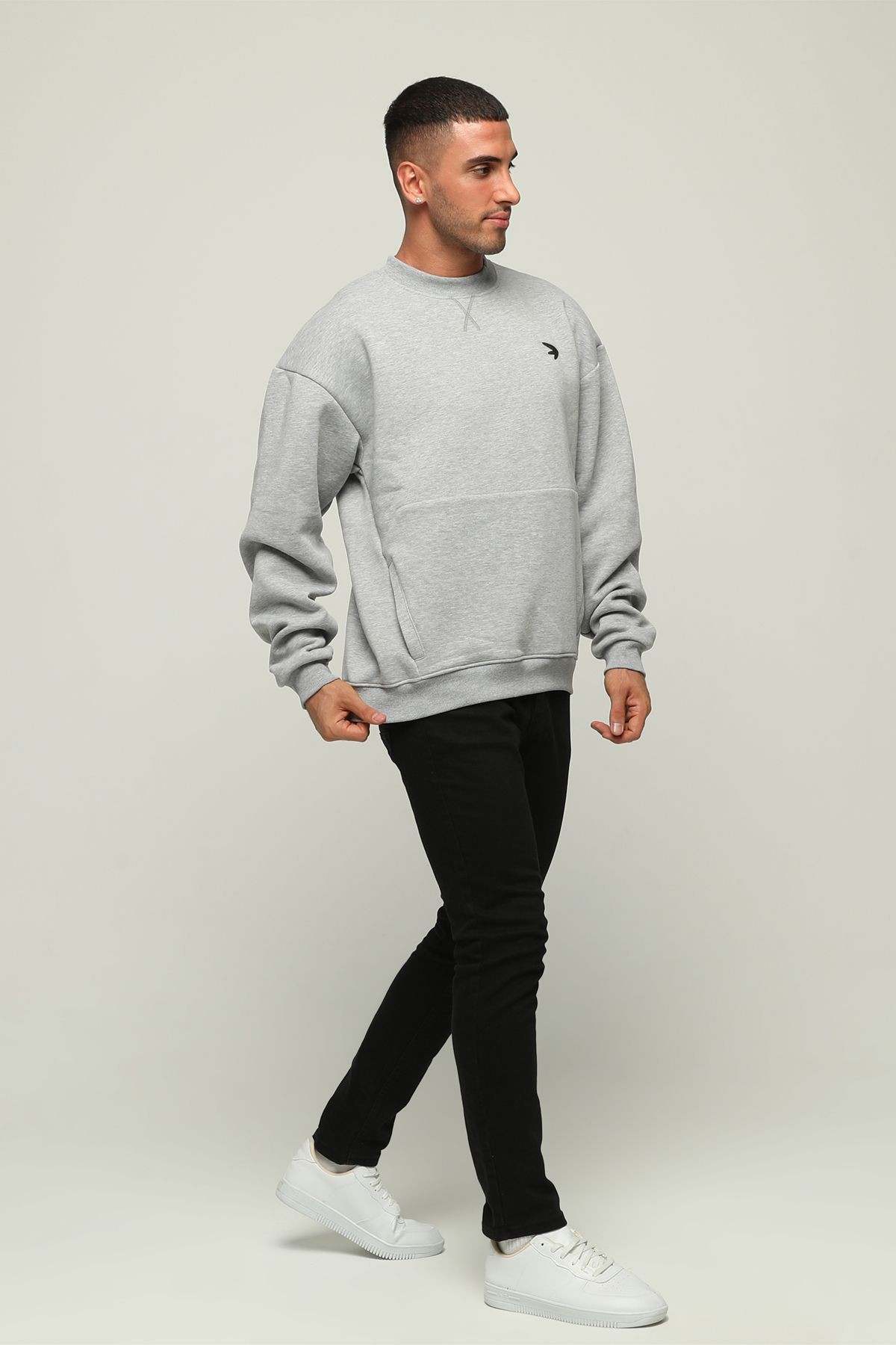 Oversize Kanguru Cepli Bisiklet Yaka Sırt Detaylı Sweatshirt