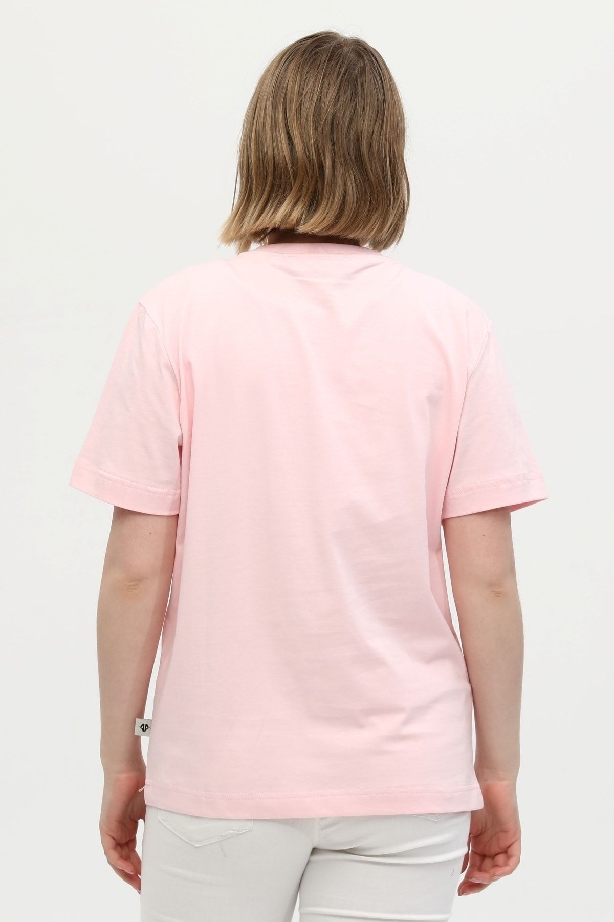 Pembe %100 Pamuk Bisiklet Yaka Baskılı Oversize Örme T-shirt