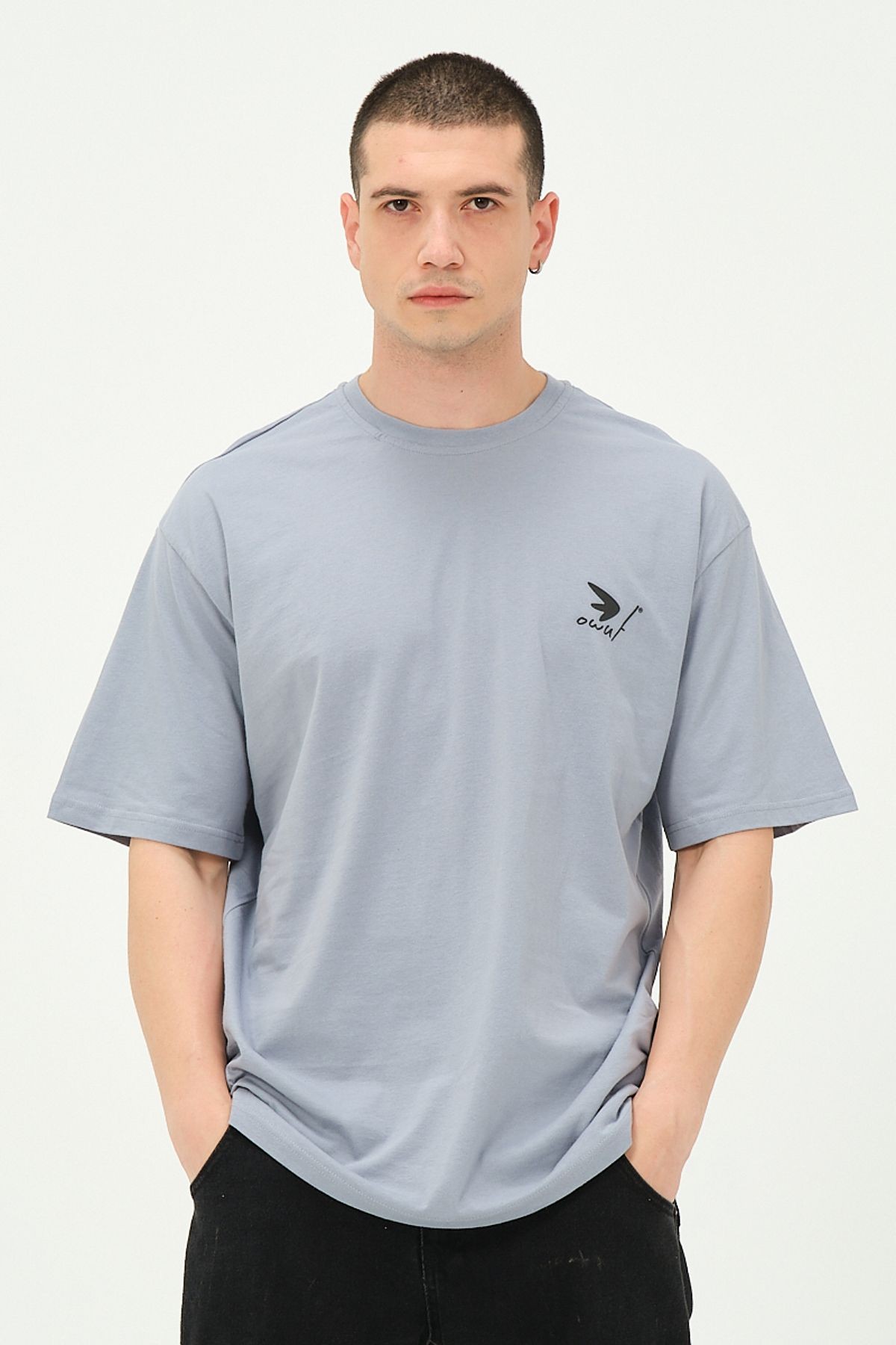 Erkek Gri Sırt Baskılı Oversize T-Shirt