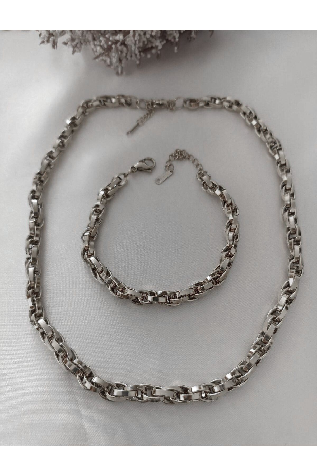 Çelik İçiçe Geçmeli Halat Unisex Kolye Bileklik Set