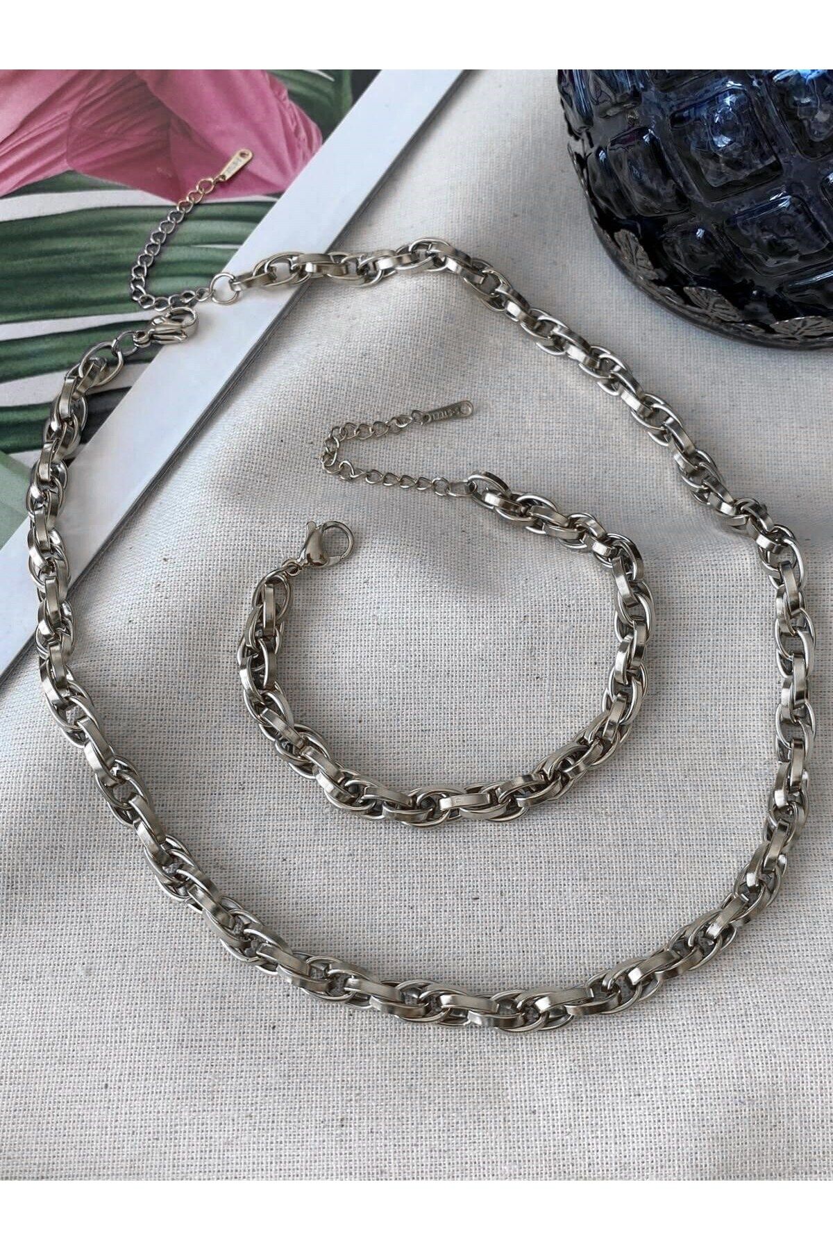 Çelik İçiçe Geçmeli Halat Unisex Kolye Bileklik Set