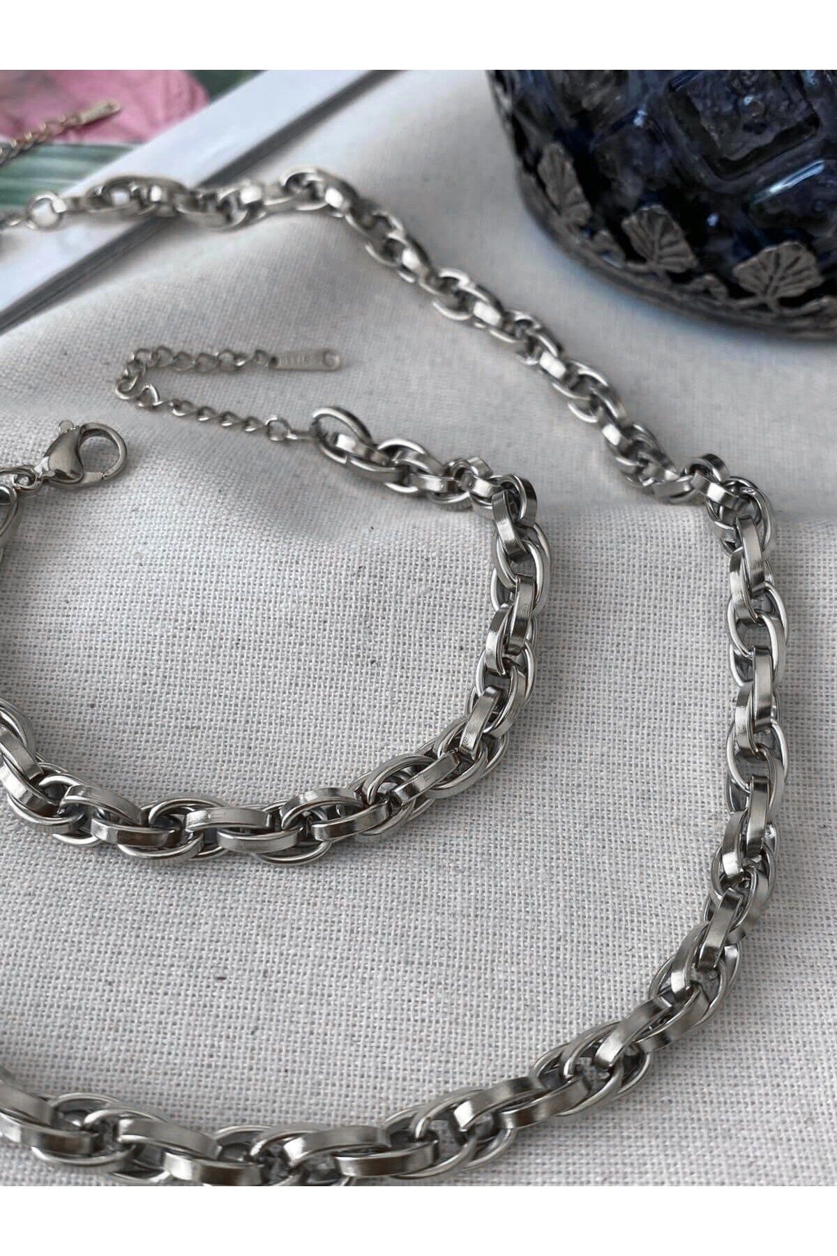 Çelik İçiçe Geçmeli Halat Unisex Kolye Bileklik Set