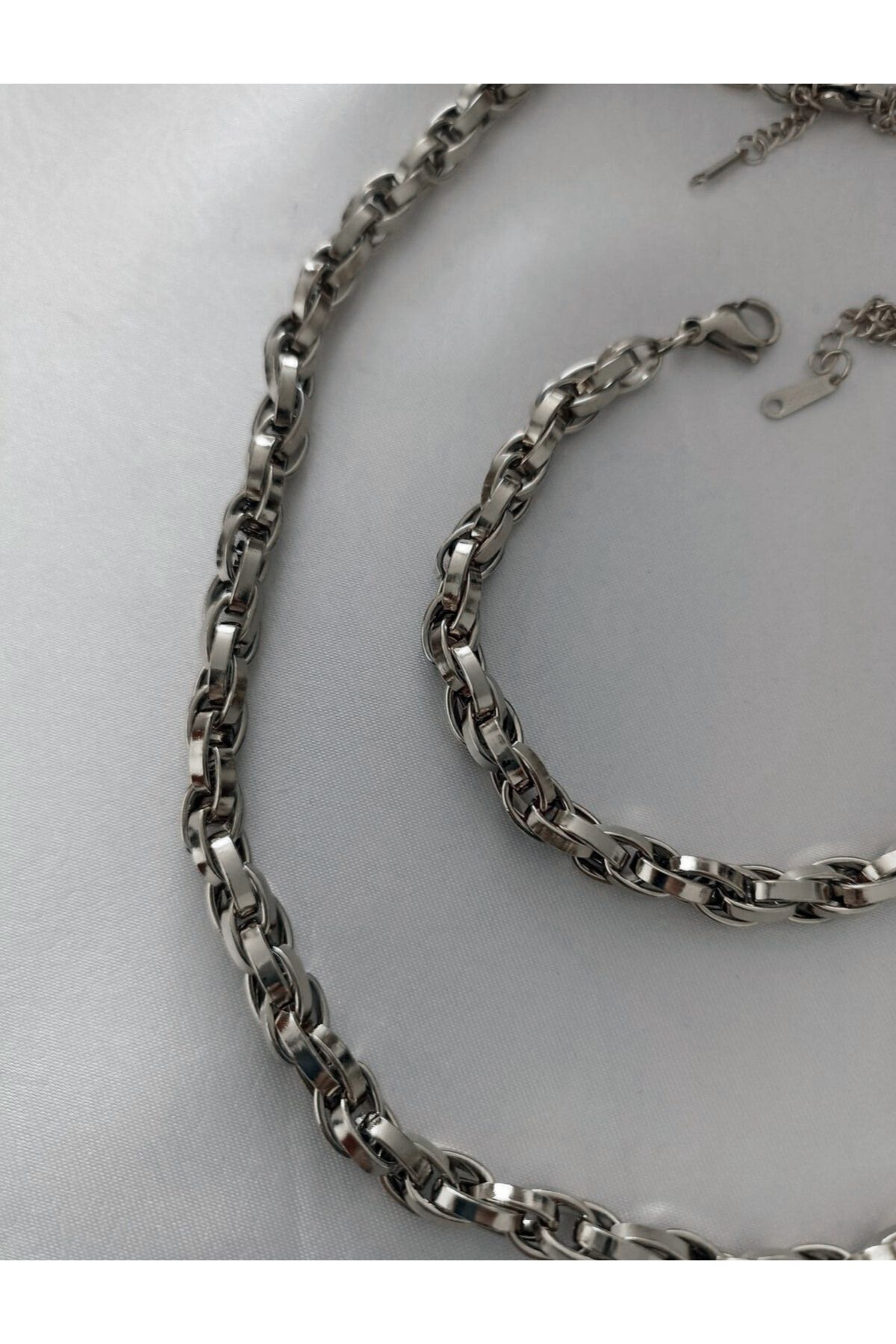 Çelik İçiçe Geçmeli Halat Unisex Kolye Bileklik Set