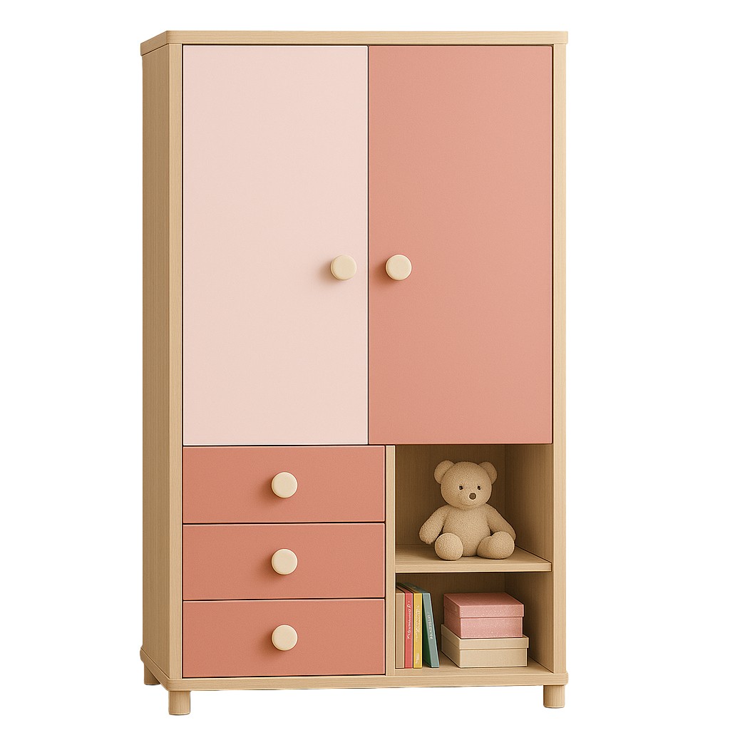 Çocuk Odası Dolabı – 2 Kapaklı, 3 Çekmeceli Pastel Renkli Dolap - Pembe