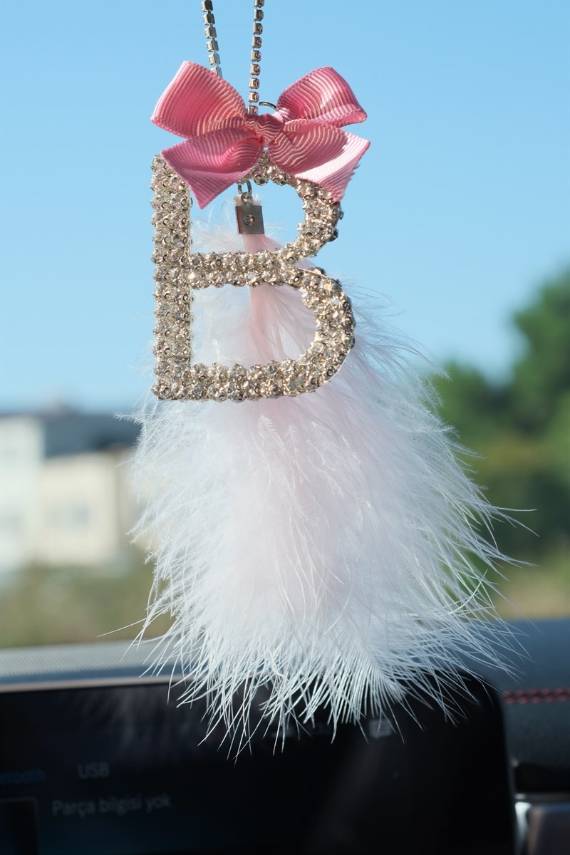 Gümüş 7 Cm Dikiz Süsü & Açık Pembe Tüy & Açık Pembe Kurdela