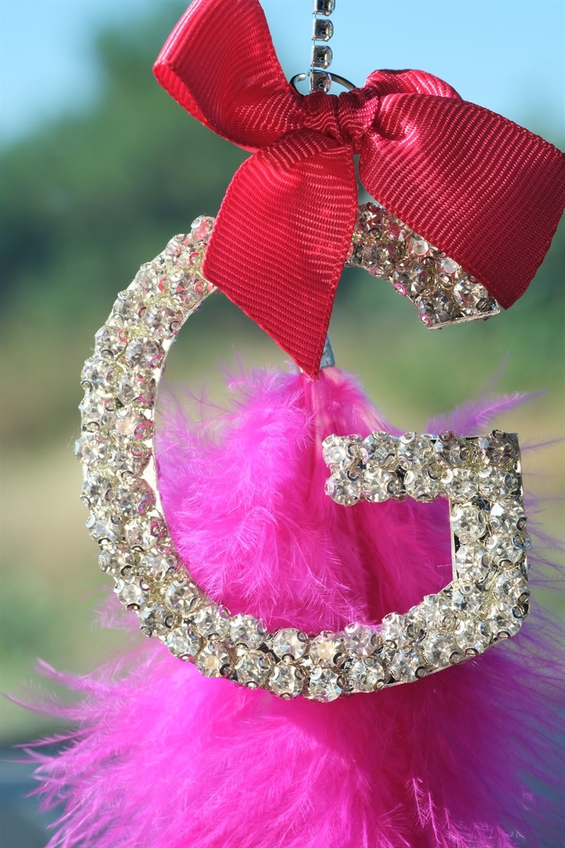 Gümüş 7 Cm Harf Dikiz Süsü & Fuşya Tüy & Fuşya Kurdela