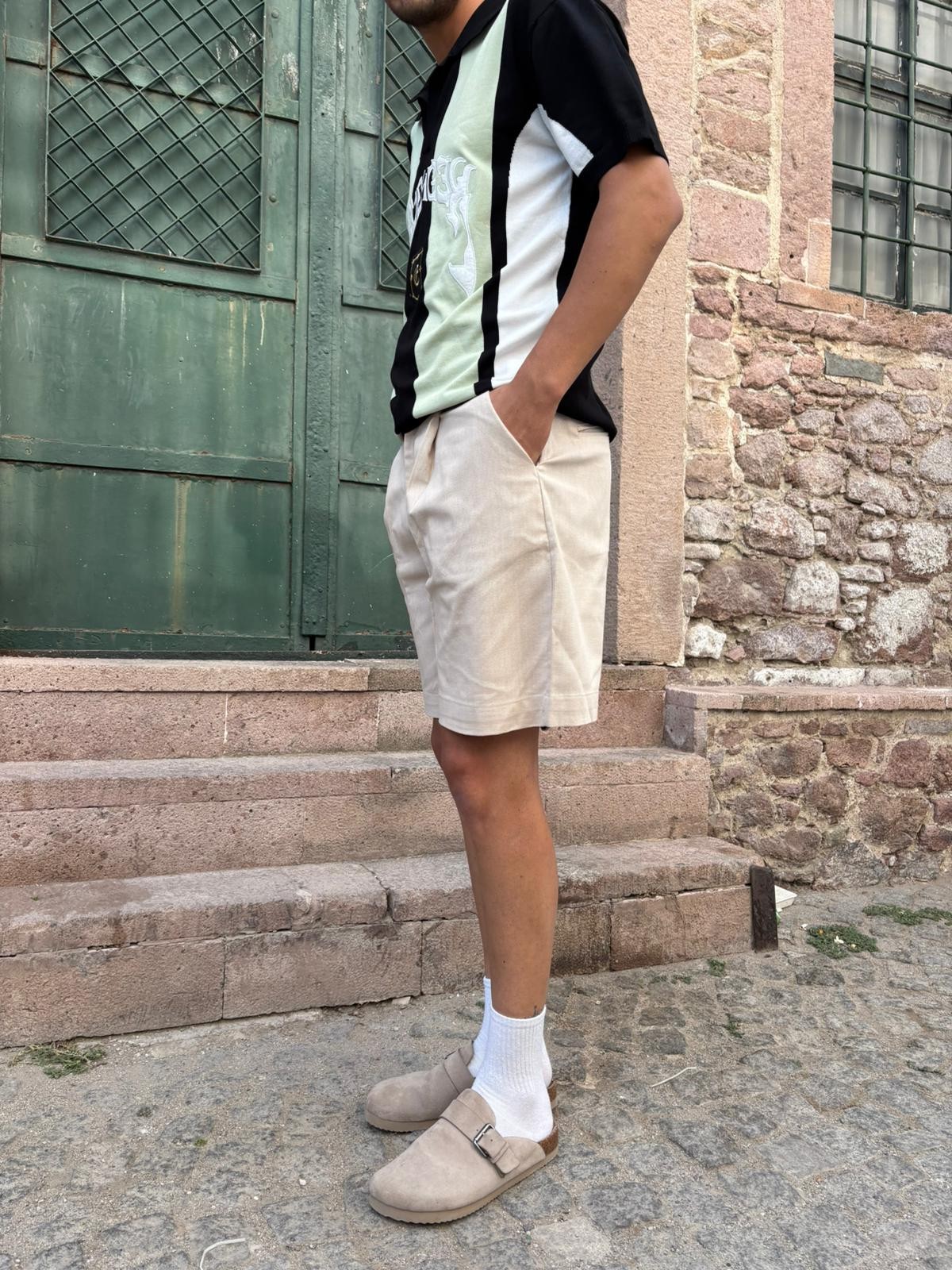 Relaxed Bej Pileli Short