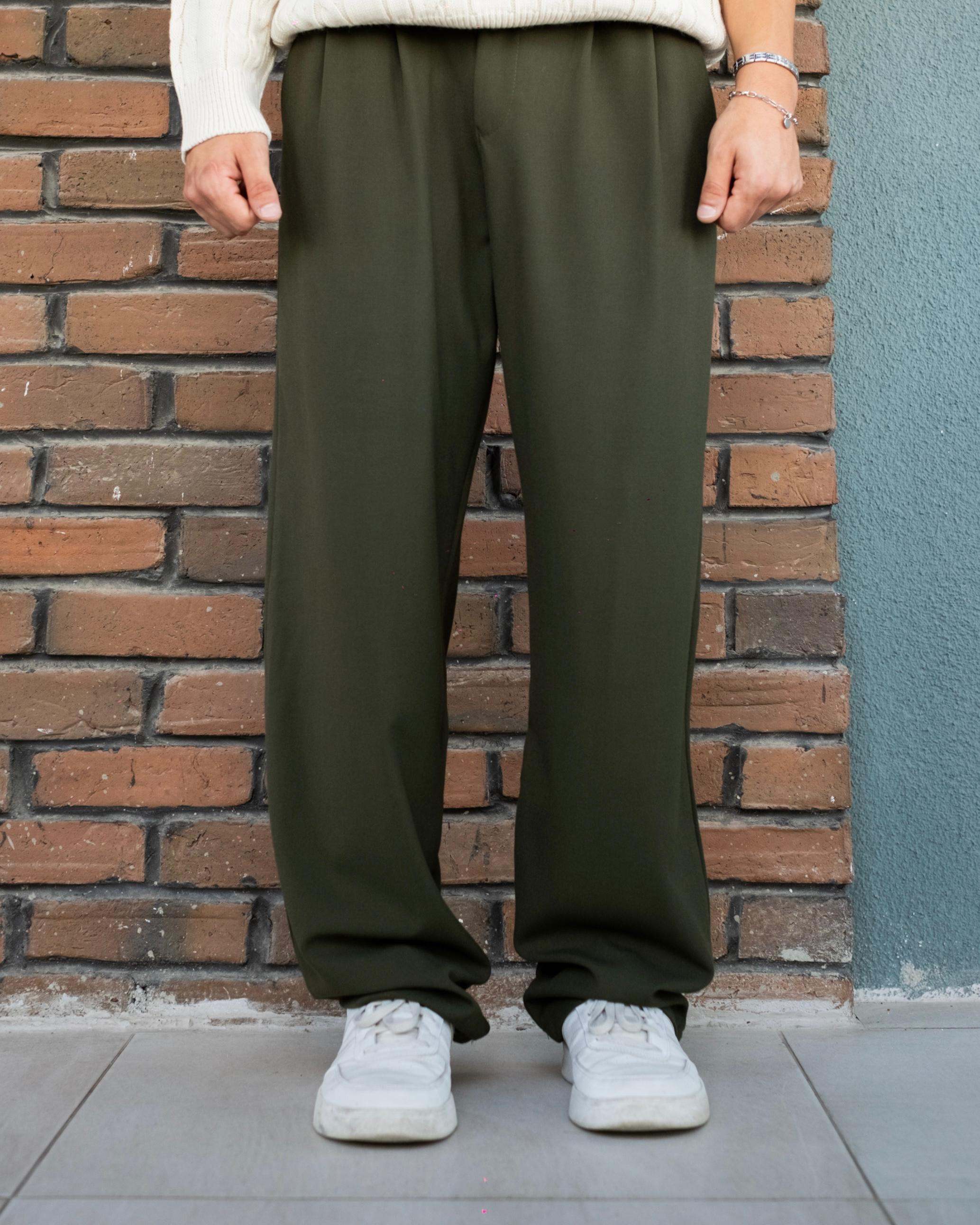Koyu Haki Basic Baggy Kumaş Pantolon