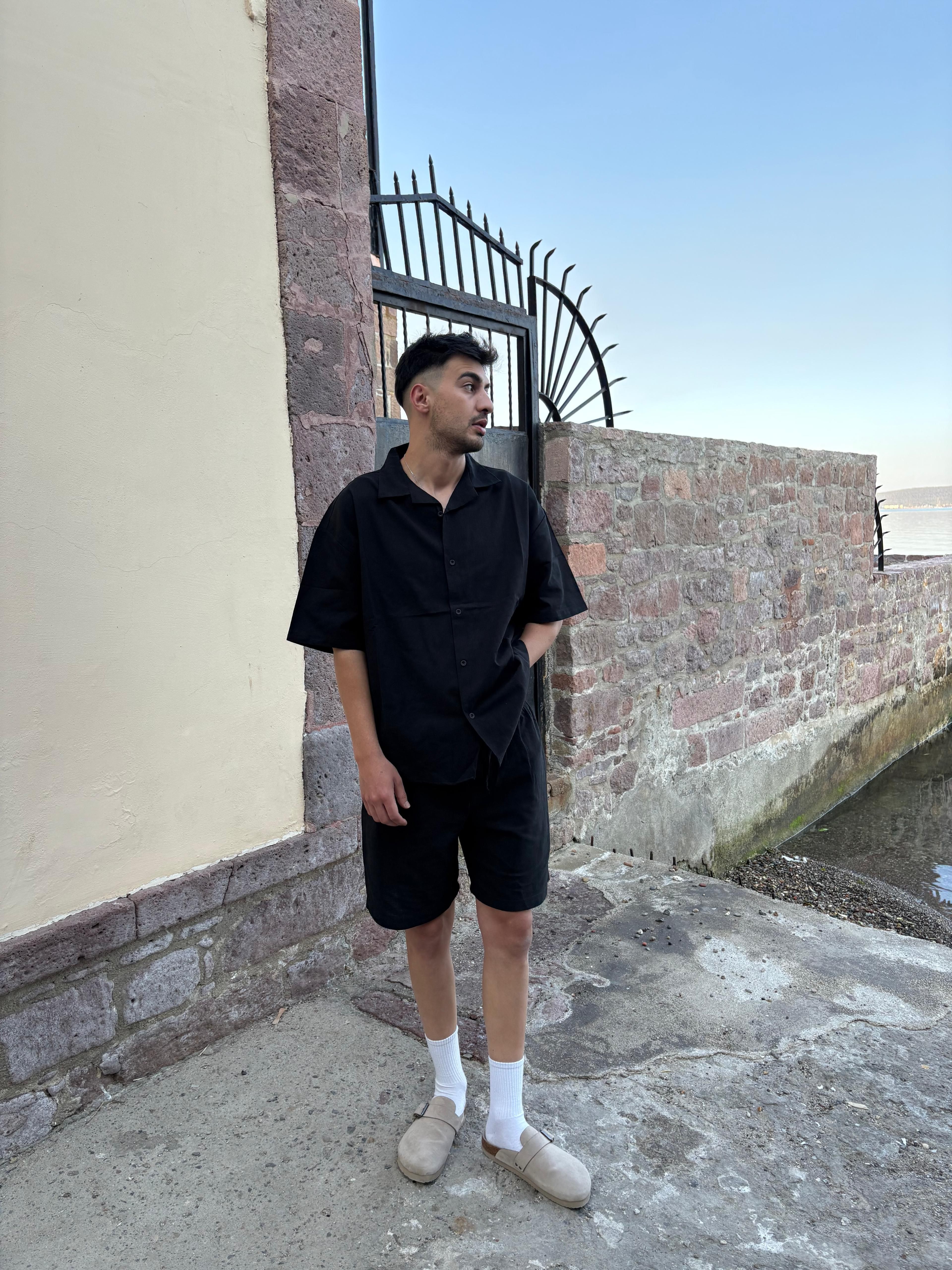Siyah Oversize Keten Takım
