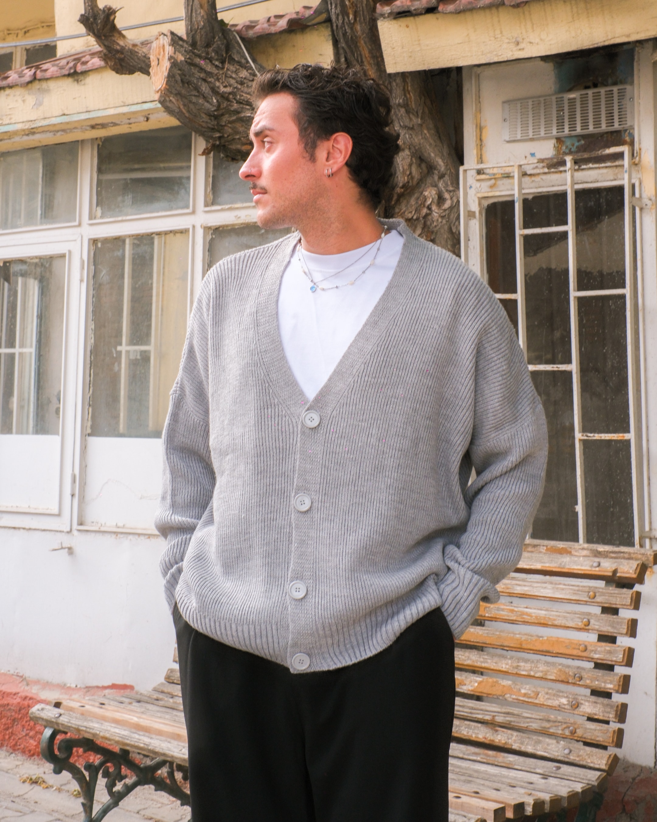 Düğme Detay Oversize Triko Hırka
