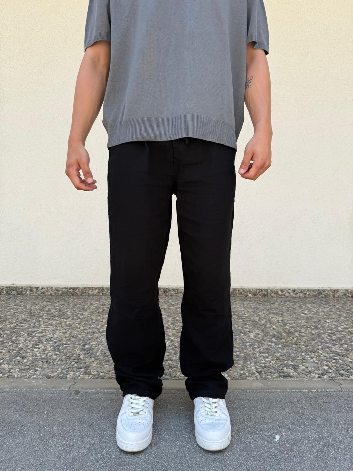Siyah Unisex Straight Muslin Pantolon