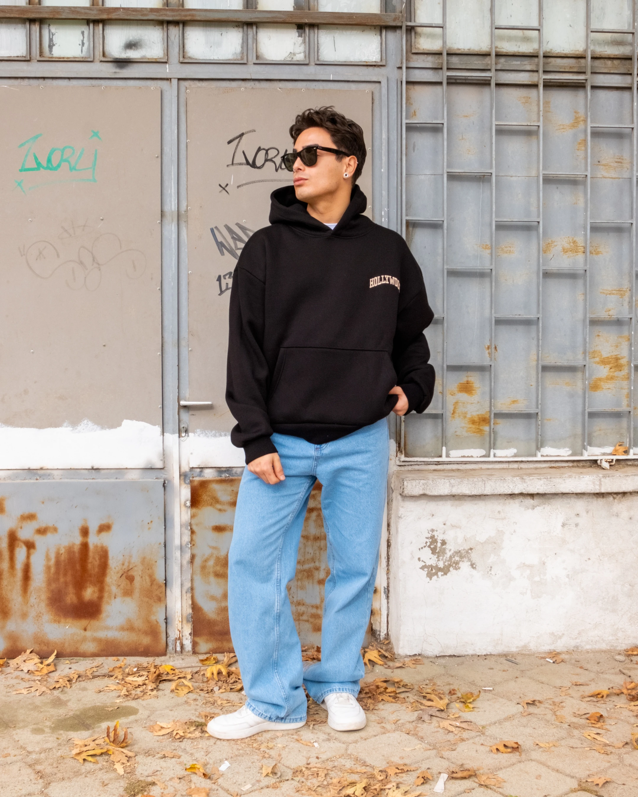 Hollywood Nakışlı Boxy Oversize Hoodie