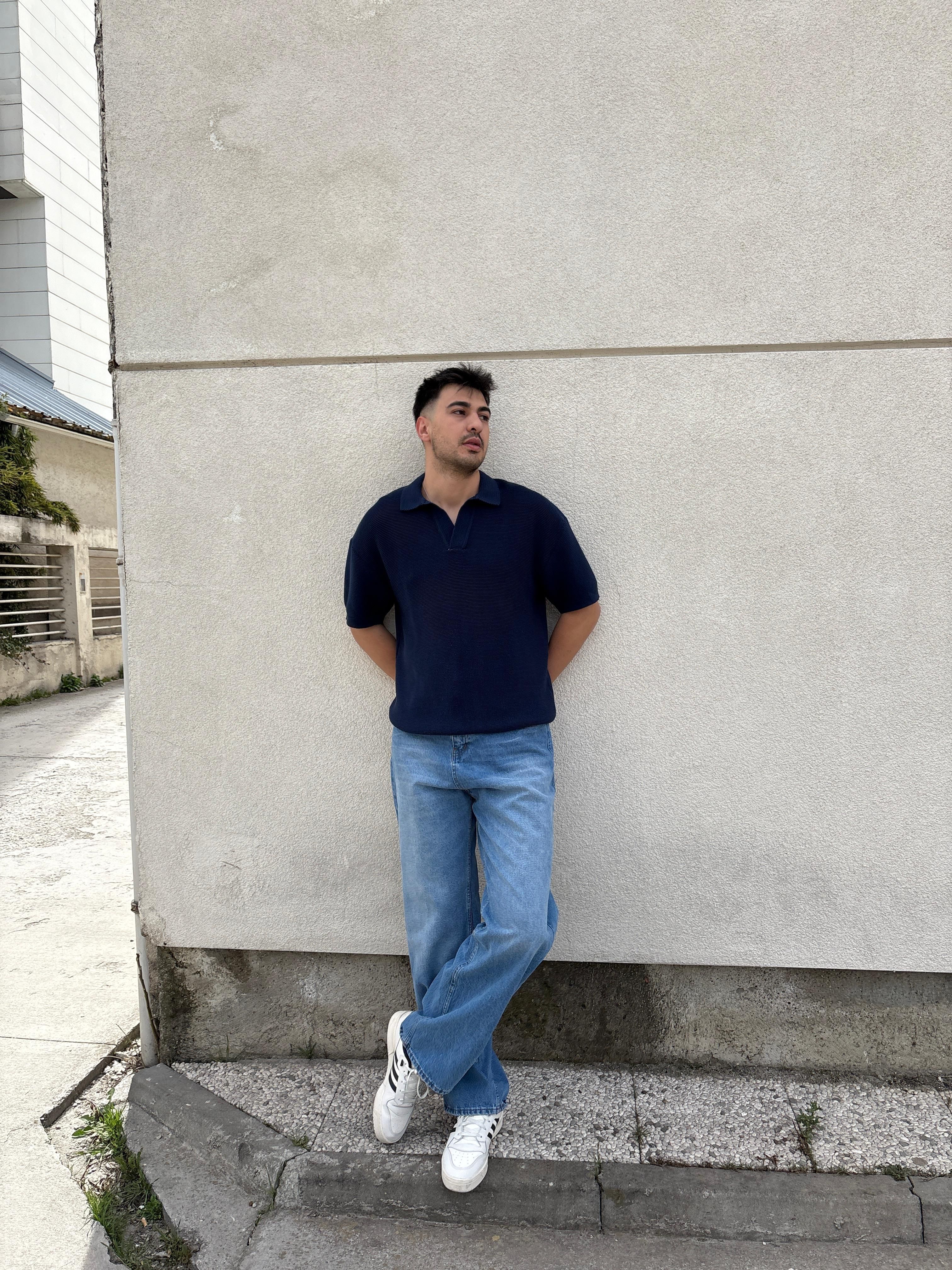 Relaxed Polo Yaka Triko T-shirt- Lacivert