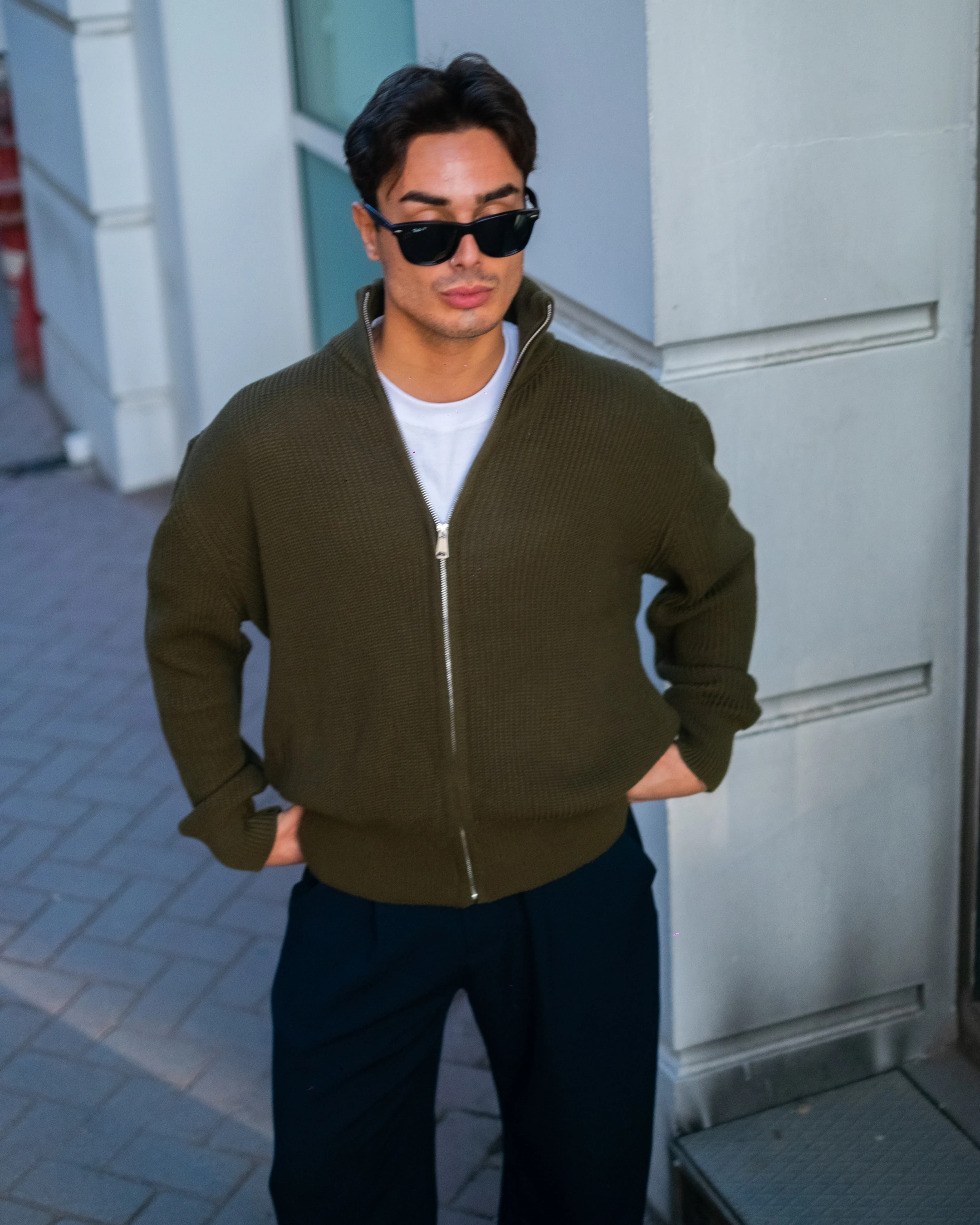 Haki Fermuarlı Oversize Triko