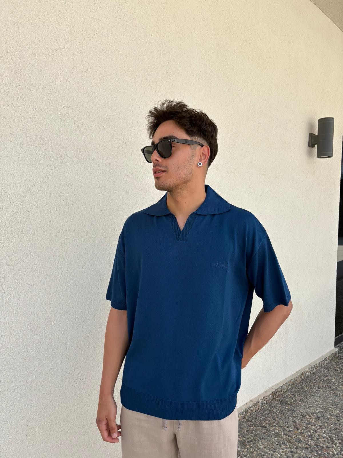 Oversize Patlı Polo Yaka Tişört - İndigo