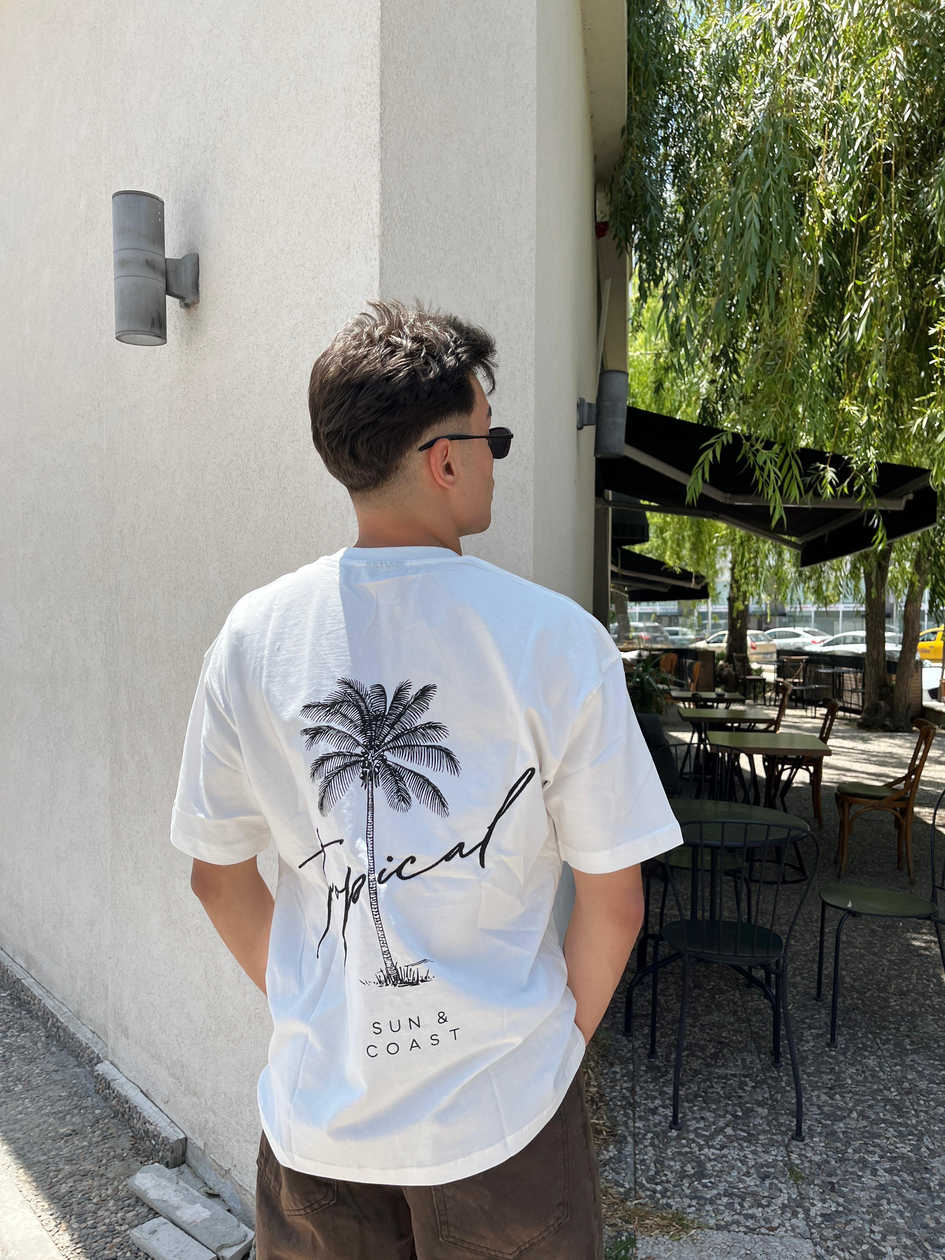 Tropical Printed Ovesize T-Shirt -Beyaz