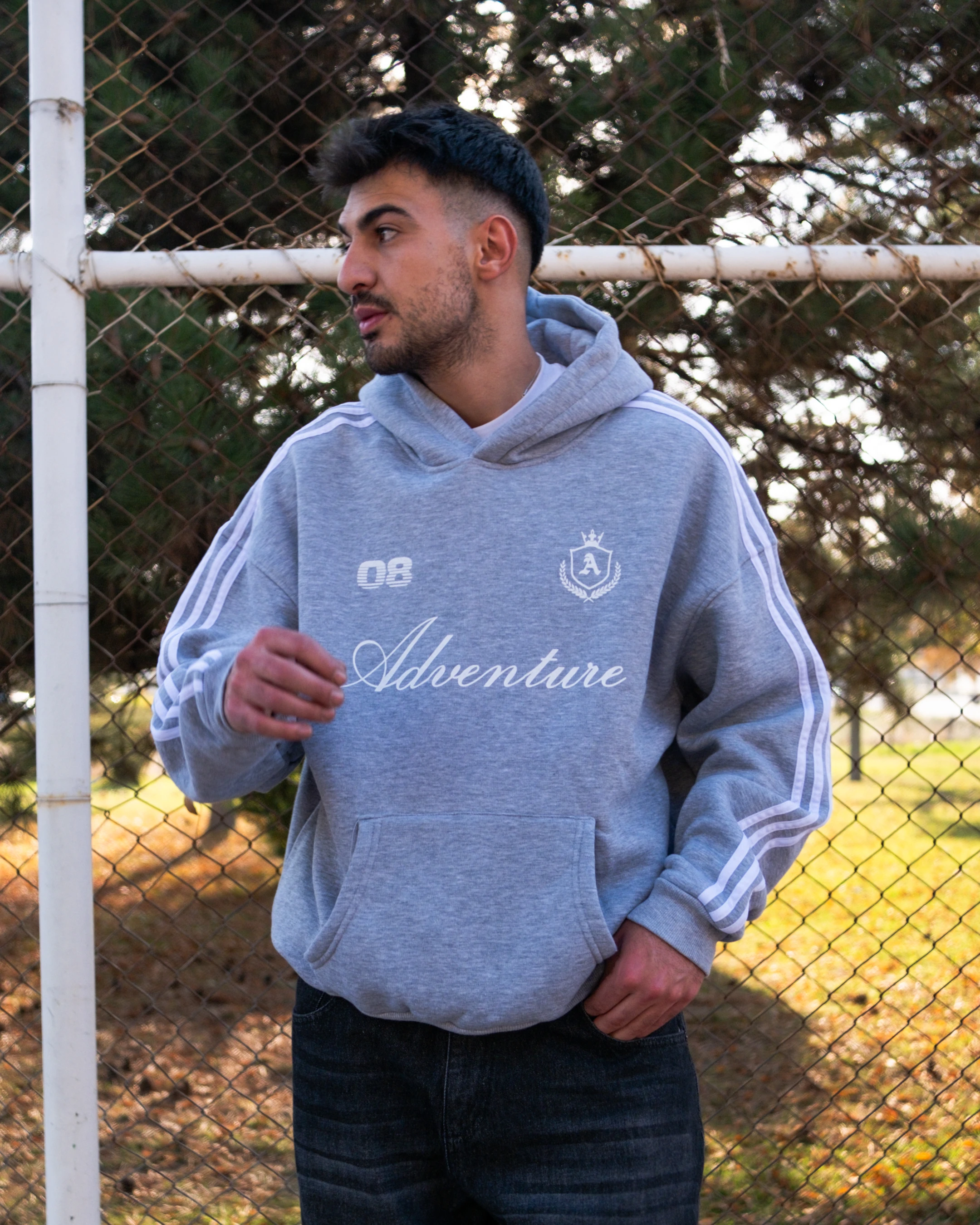 Adventure Printed Çizgili Oversized Hoodie Gri