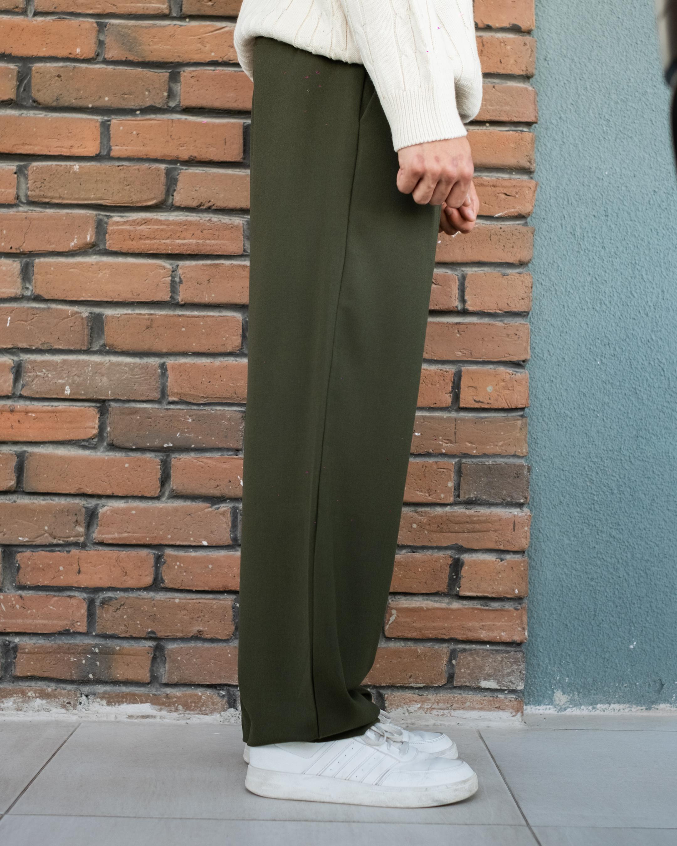 Koyu Haki Basic Baggy Kumaş Pantolon