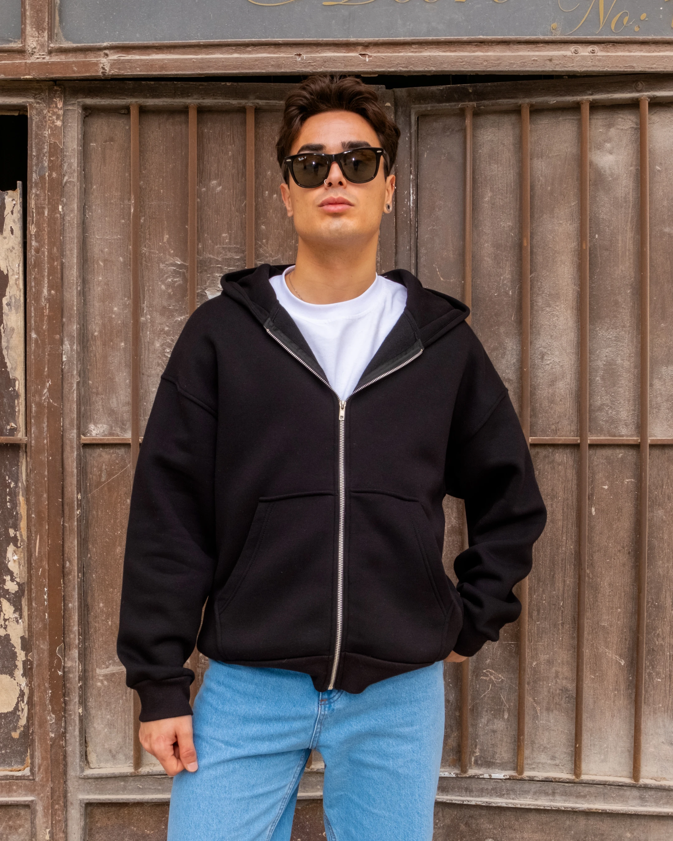 Siyah Basic Full Zip Oversize Hoodie