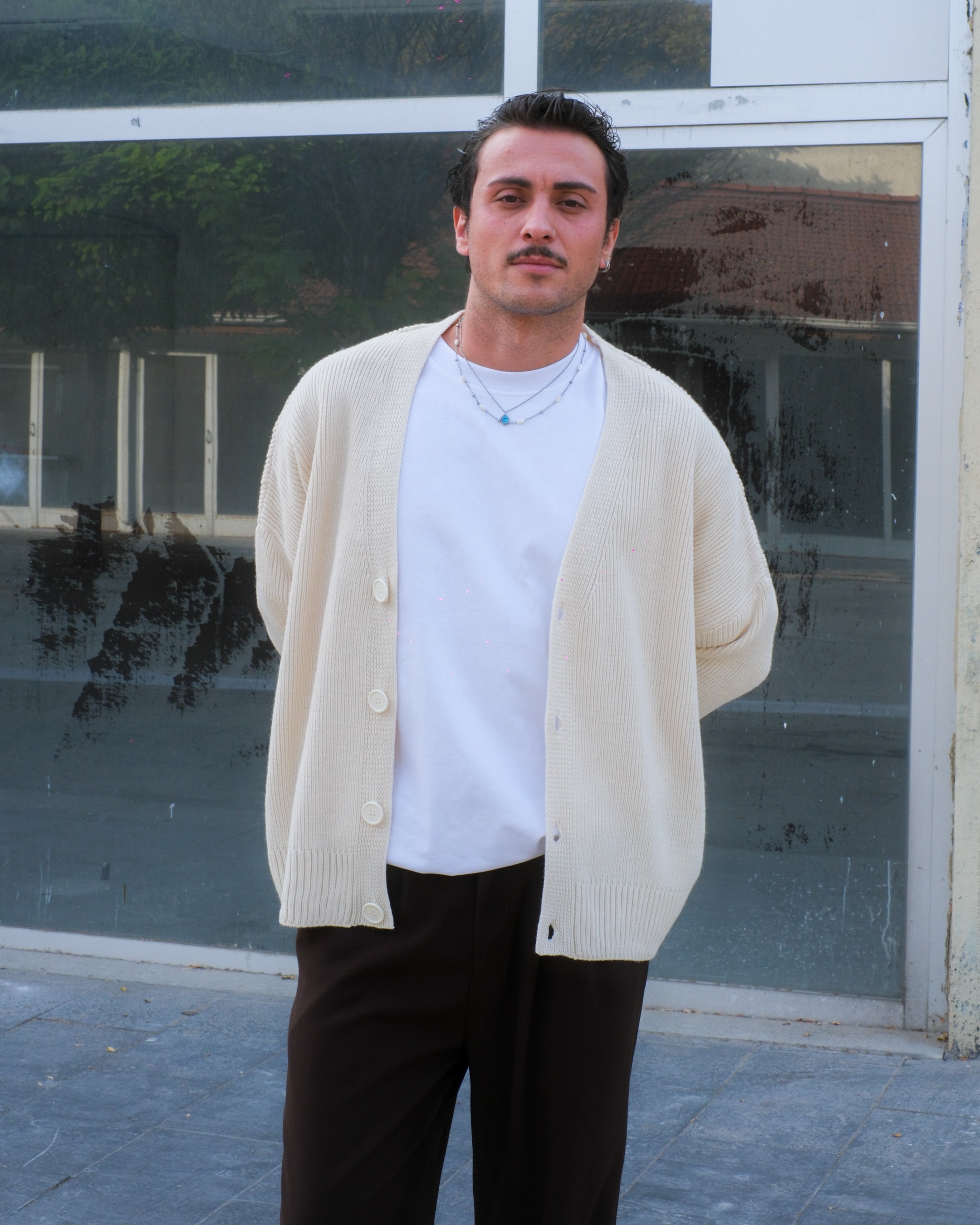 Krem Düğme Detay Oversize Triko Hırka