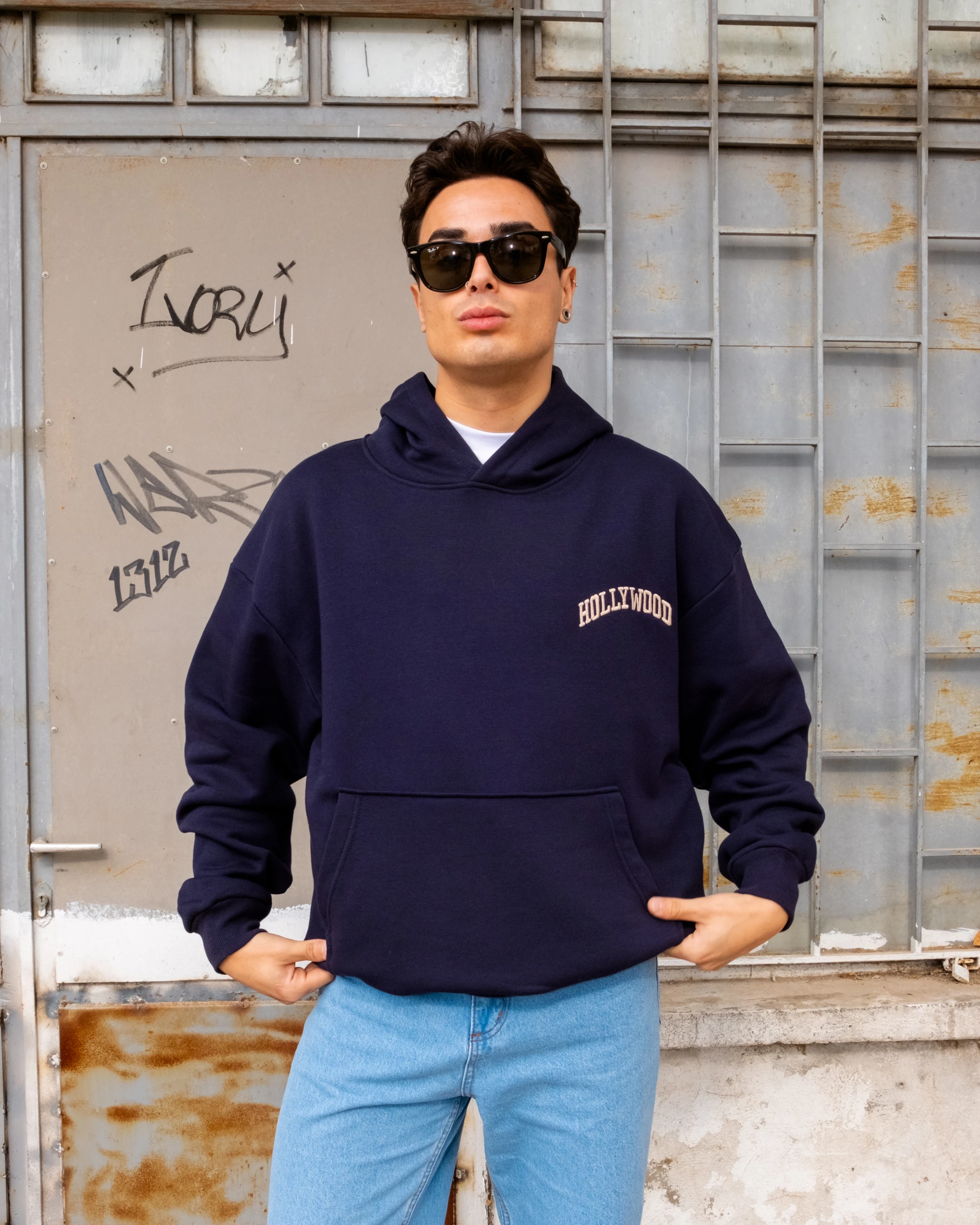 Hollywood Nakışlı Lacivert Boxy Oversize Hoodie