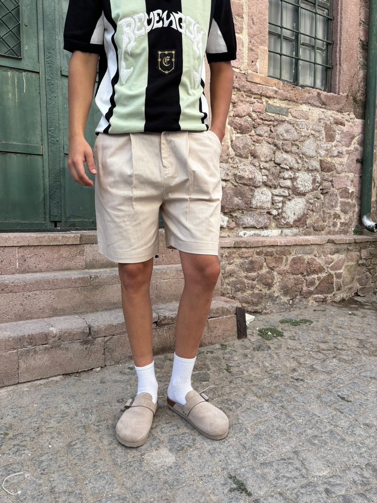 Relaxed Bej Pileli Short