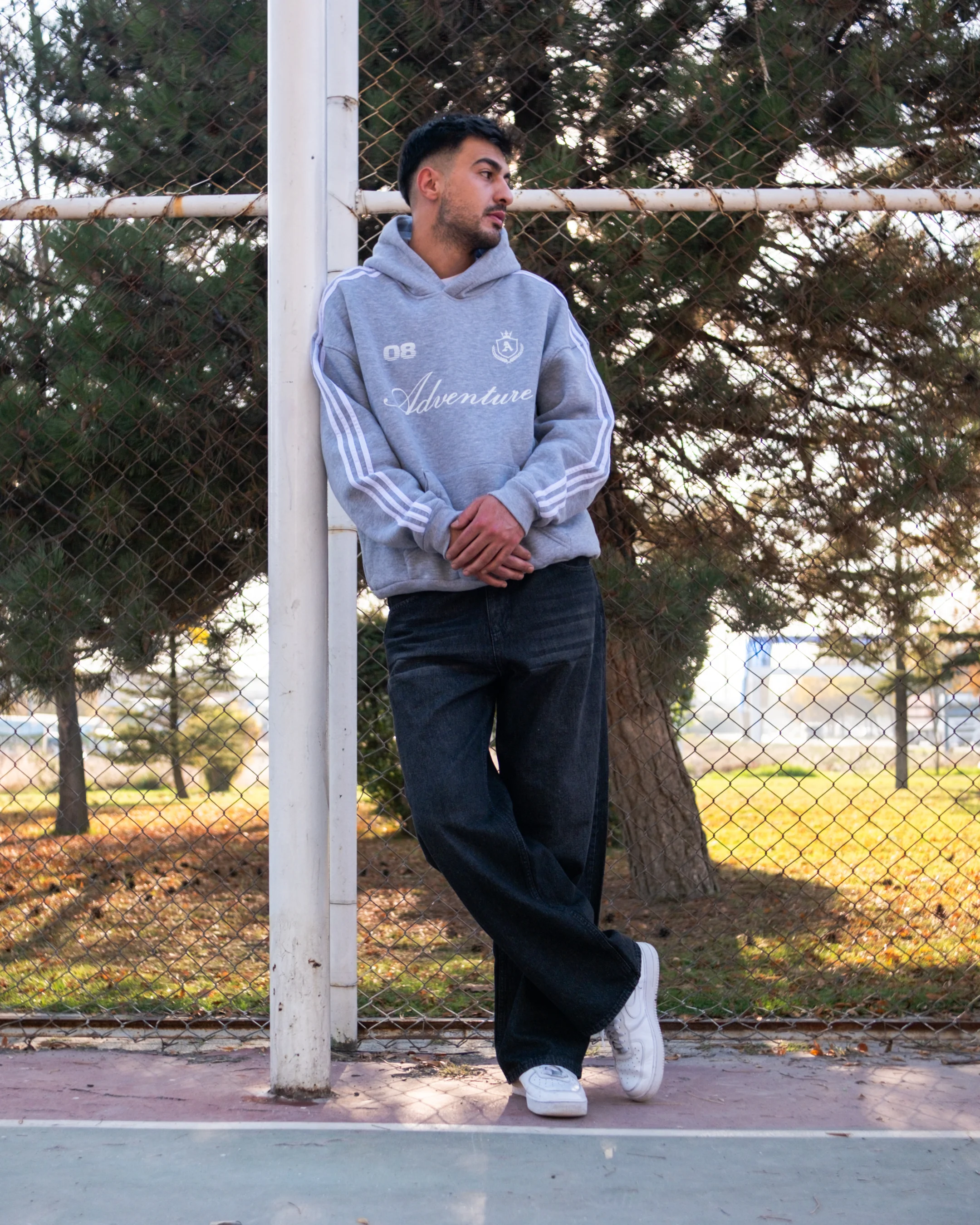 Adventure Printed Çizgili Oversized Hoodie Gri