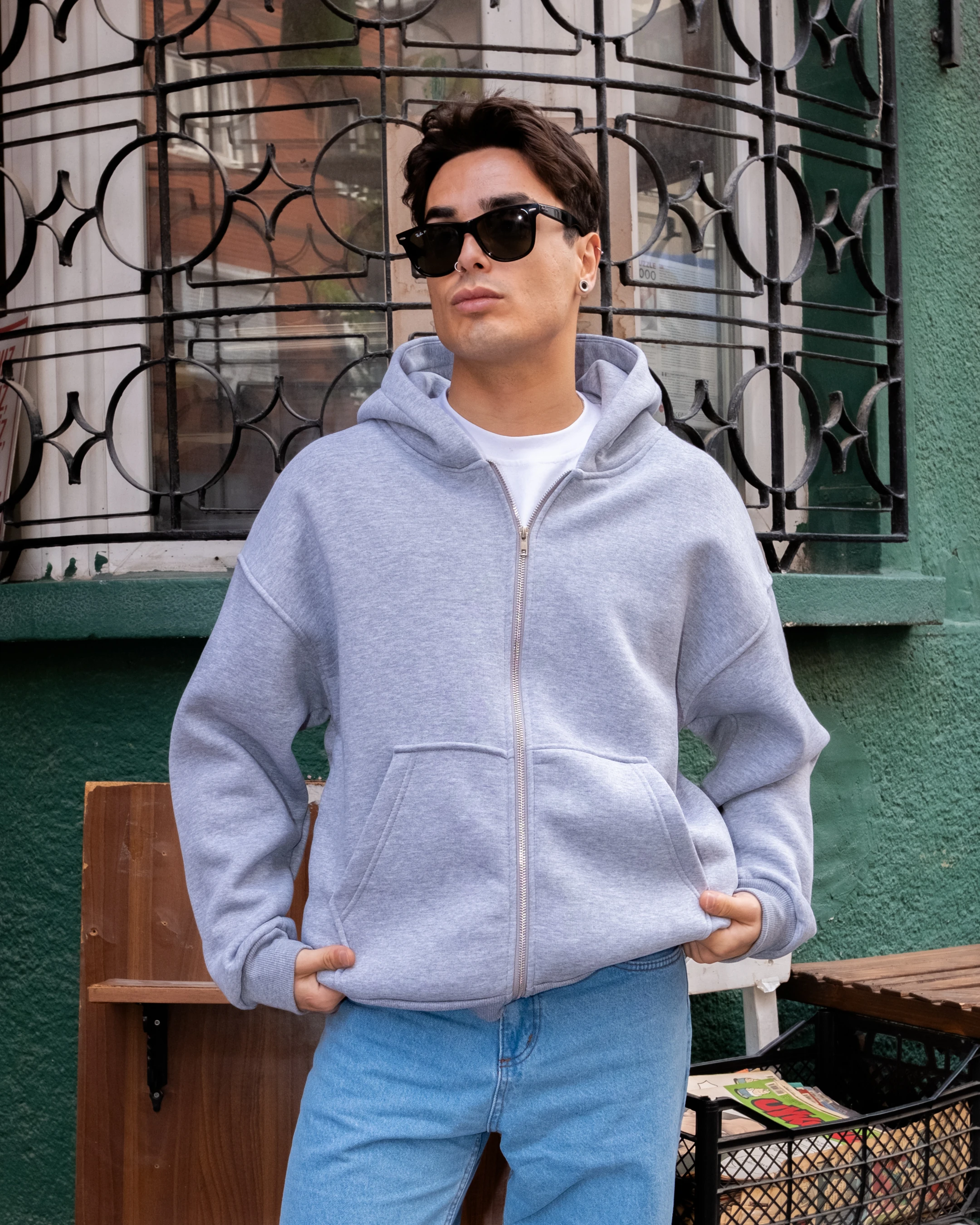 Gri Basic Full Zip Oversize Hoodie