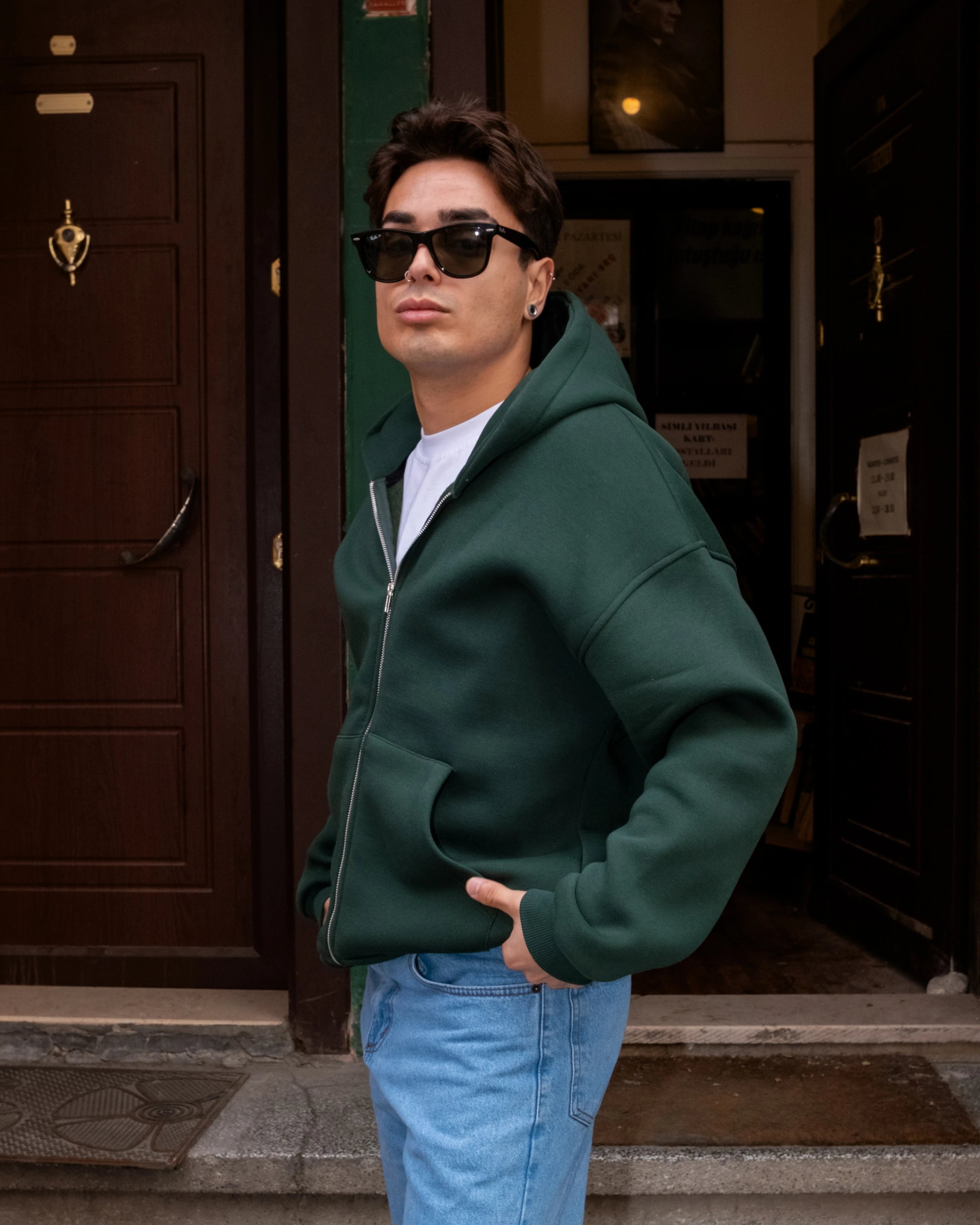 Yeşil Basic Full Zip Oversize Hoodie