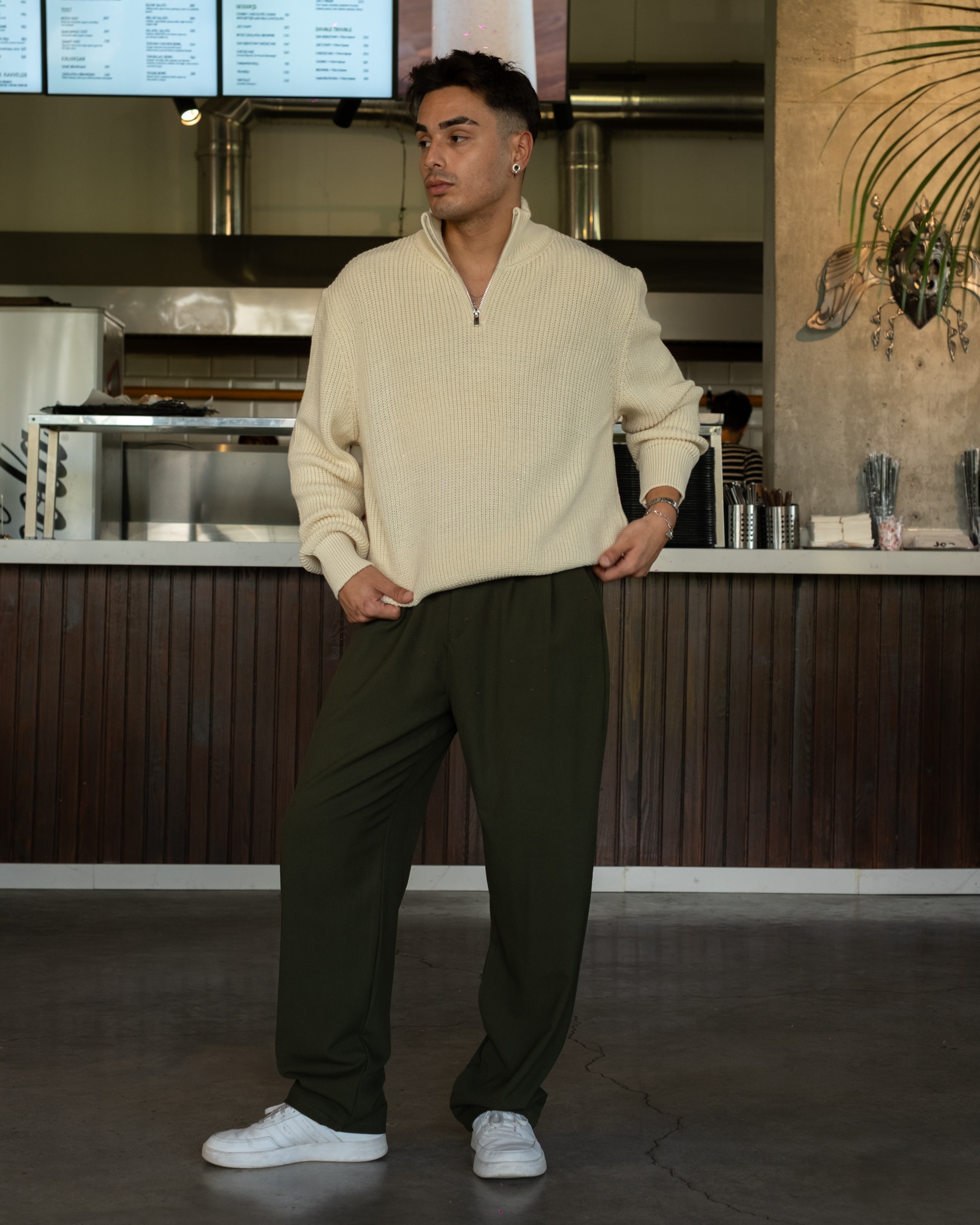 Krem Half Zip Oversize Triko
